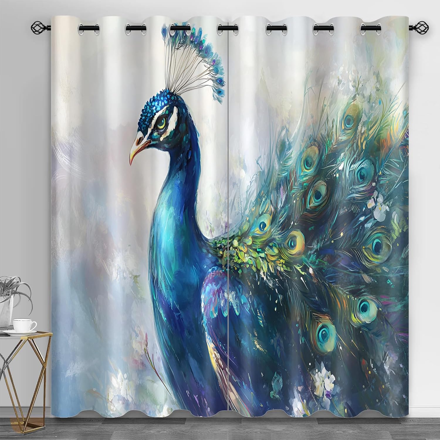Peacock 3D Printed Curtains 63 inch Length, Malachite Green Feather Window Treatments for Bedroom, Grommet Curtains for Kitchen, Oil Painting Style Window Drapes, Peacock Home Decor, 2 Panels Set