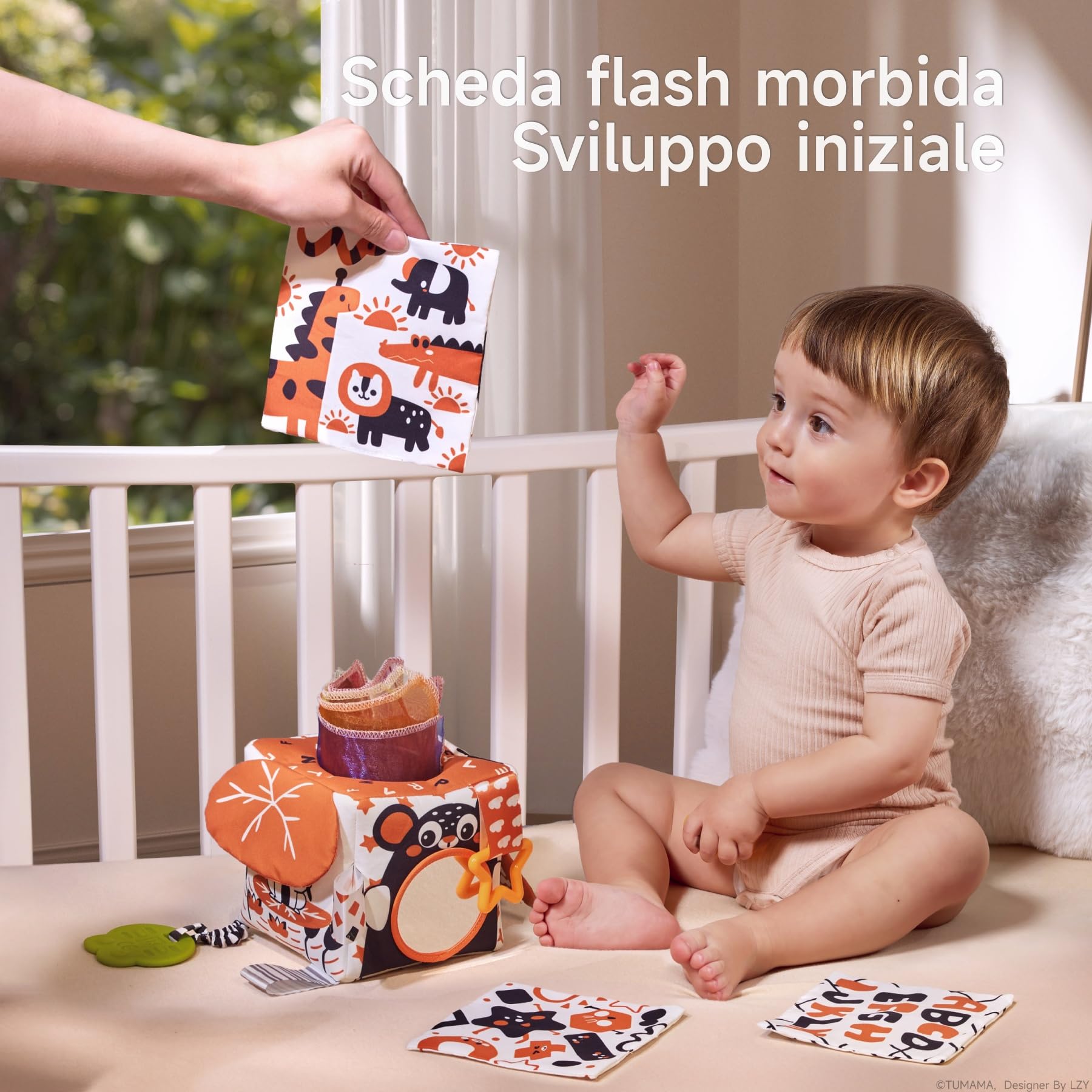 TUMAMA Kids Scatola di Fazzoletti Montessori 0 3 6 Mesi, Giocattoli Sensoriali per Bambini, Giochi Neonato, Specchio, Teether, Giochi Tummy Time Neonato, Regalo per Bambini e Bambine