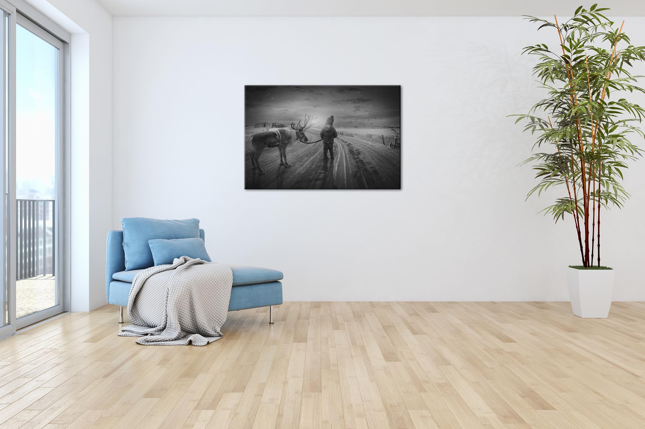 deyoli Viaje de invierno con un reno. Formato: 90 x 60 cm. Efecto: negro/blanco como lienzo, diseño enmarcado sobre marco de madera auténtica, impresión digital de alta calidad con marco