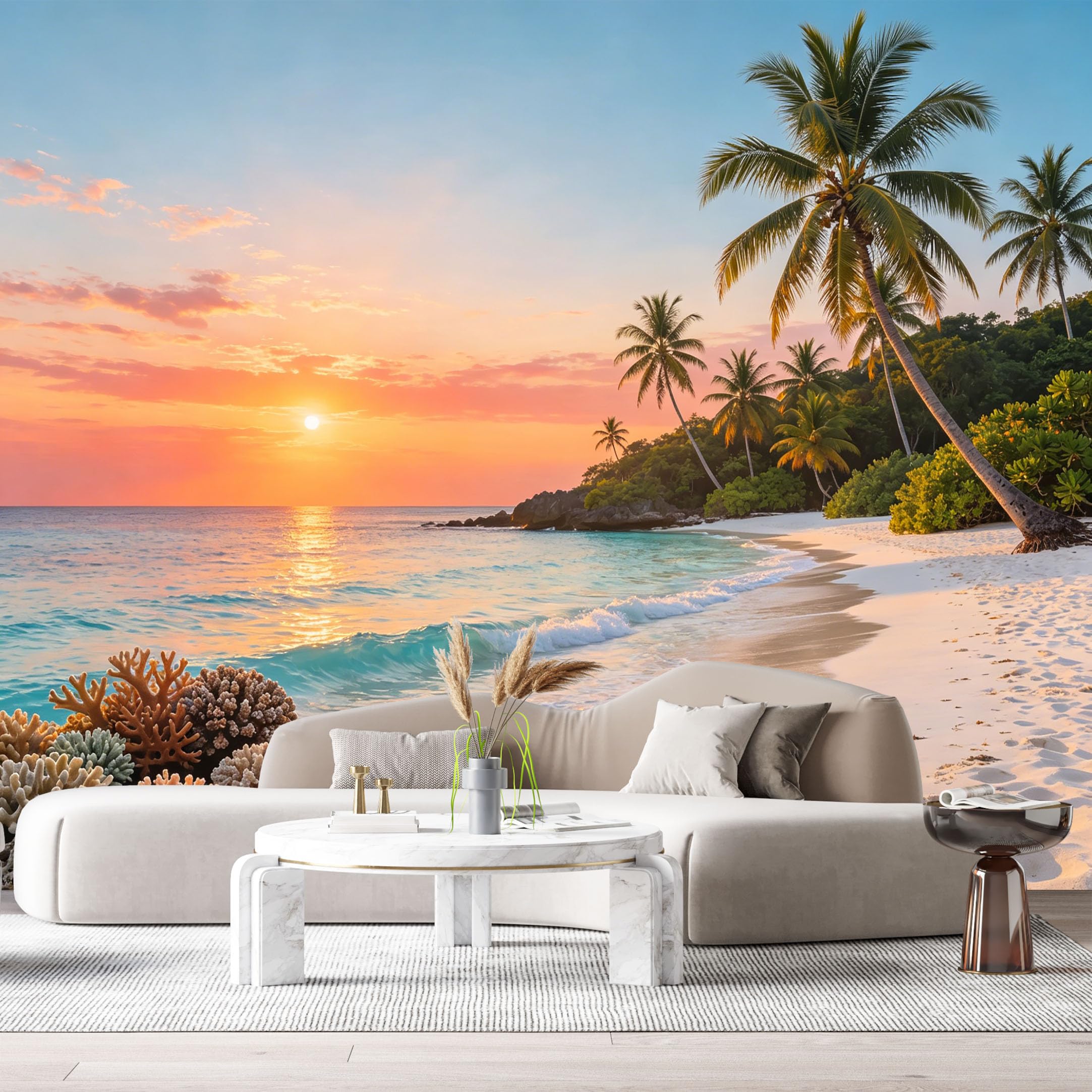 Custom Size Wall Murals Tropical Coastal Ocean Marine Sunset Palm Trees Coral Reefs SelfAdhesive Wall Fabric Removable Large Wallpaper for Photo Living Room