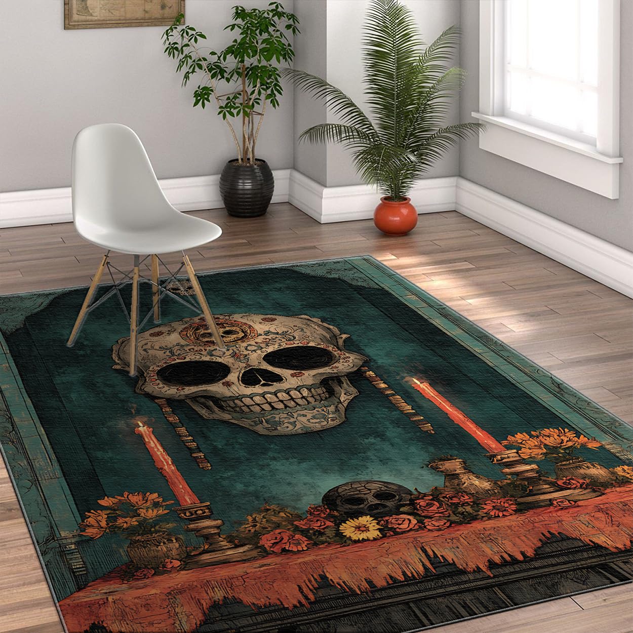 60 x 100 cm Dywan Vintage Dzień Zmarłych Czaszka Świece Nagietki