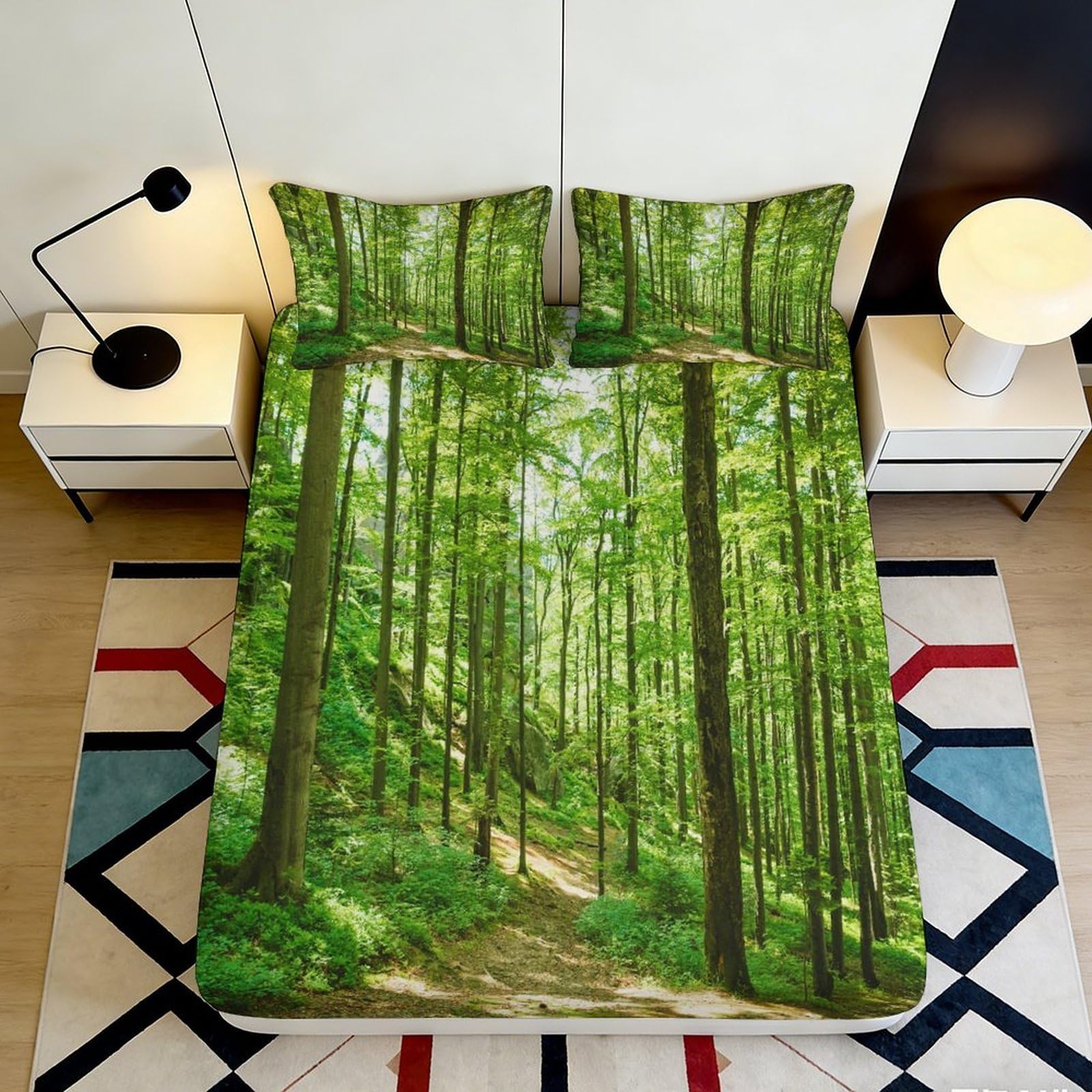 3D Printed Green Forest Fitted Sheet Microfiber Soft Breathable Woodland Path Bed Cover for Bedroom Dormitory Guest Room Mattress Protection Decor 140x200x25cm