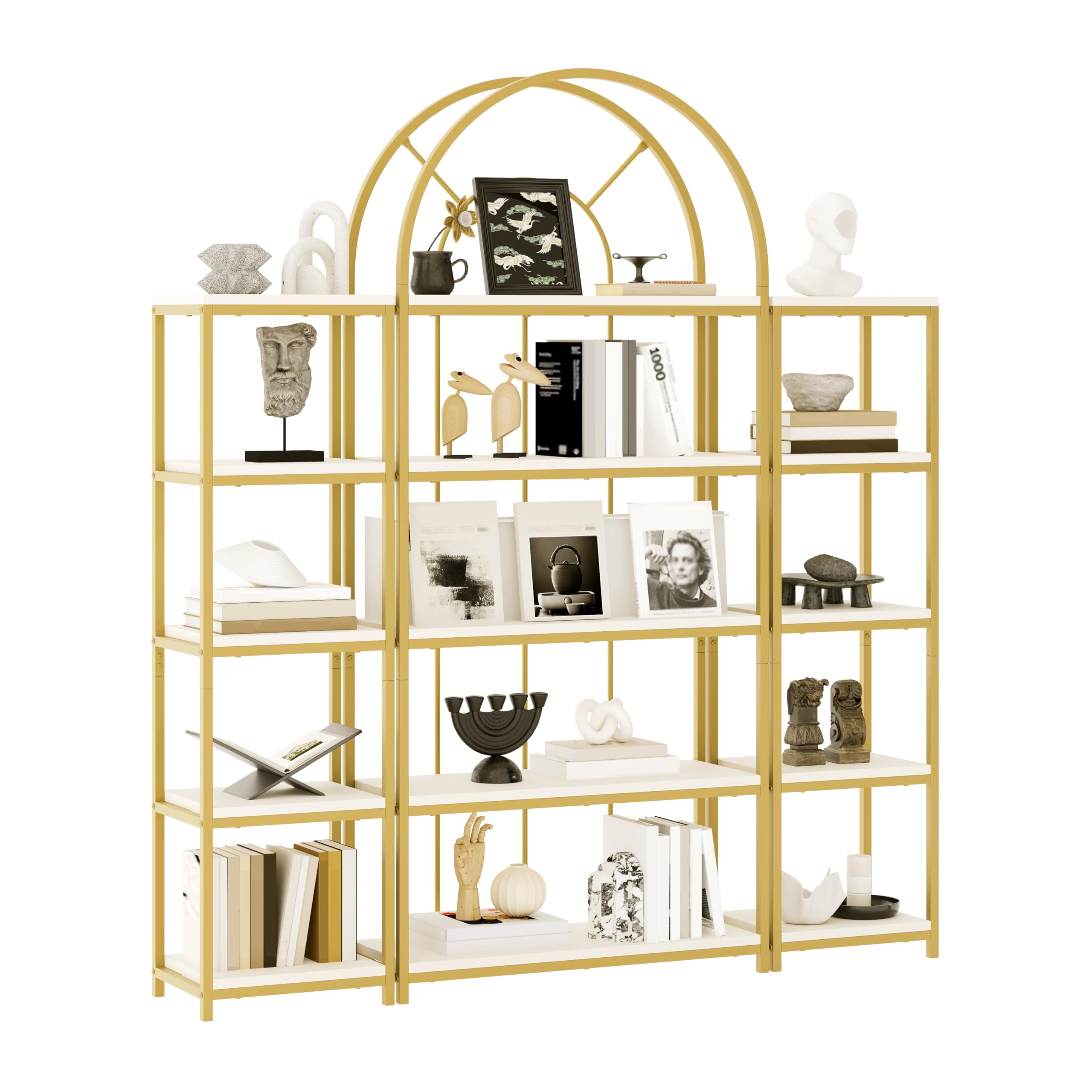 REXO Set di scaffali da 163 x 30 x 184 cm, 3 scaffali modulari con telaio in metallo dorato, pavimenti in MDF bianco e design ad arco. Come scaffale per display e vetrina per soggiorno, cucina e