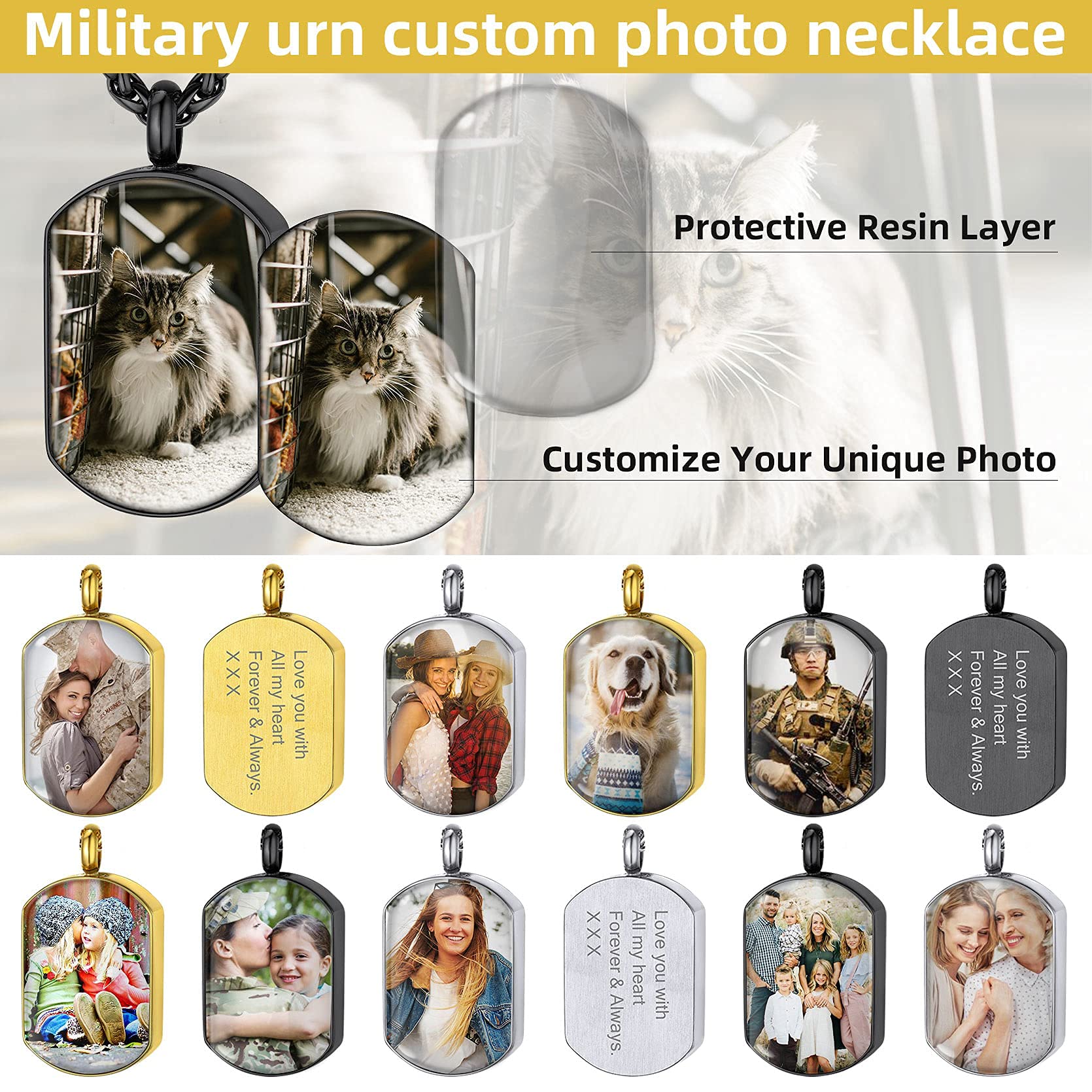 GoldChic JEWELRY Porta Cenizas Chapa Militar con Foto Nombre Colgante para Cenizas Resistente al Agua, Negro