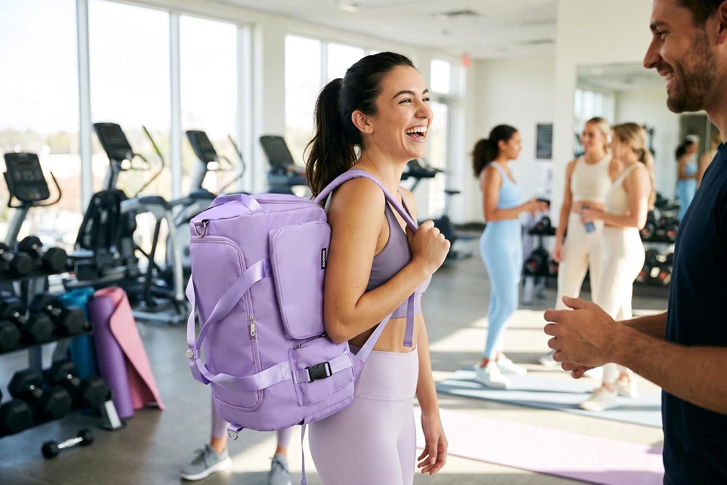 Eslcorri Gym Duffle Bag for Women Men, Sports Backpack with Wet & Shoe Compartment, Fitness Overnight Weekender Bag for Yoga, Swim, Travel (Style B, Light Purple)