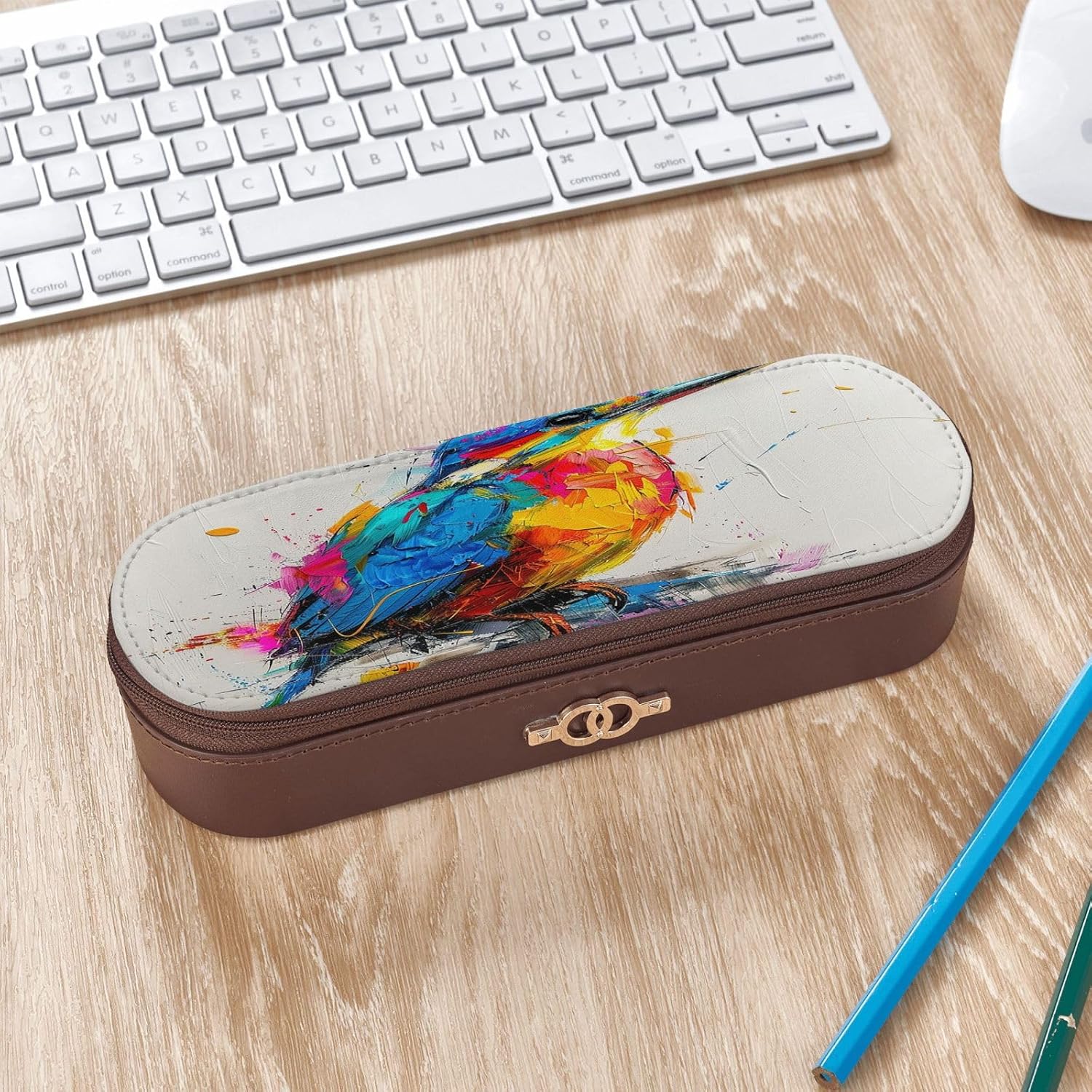Painted birds. Leather Multi Slot Pen Storage Case image 3