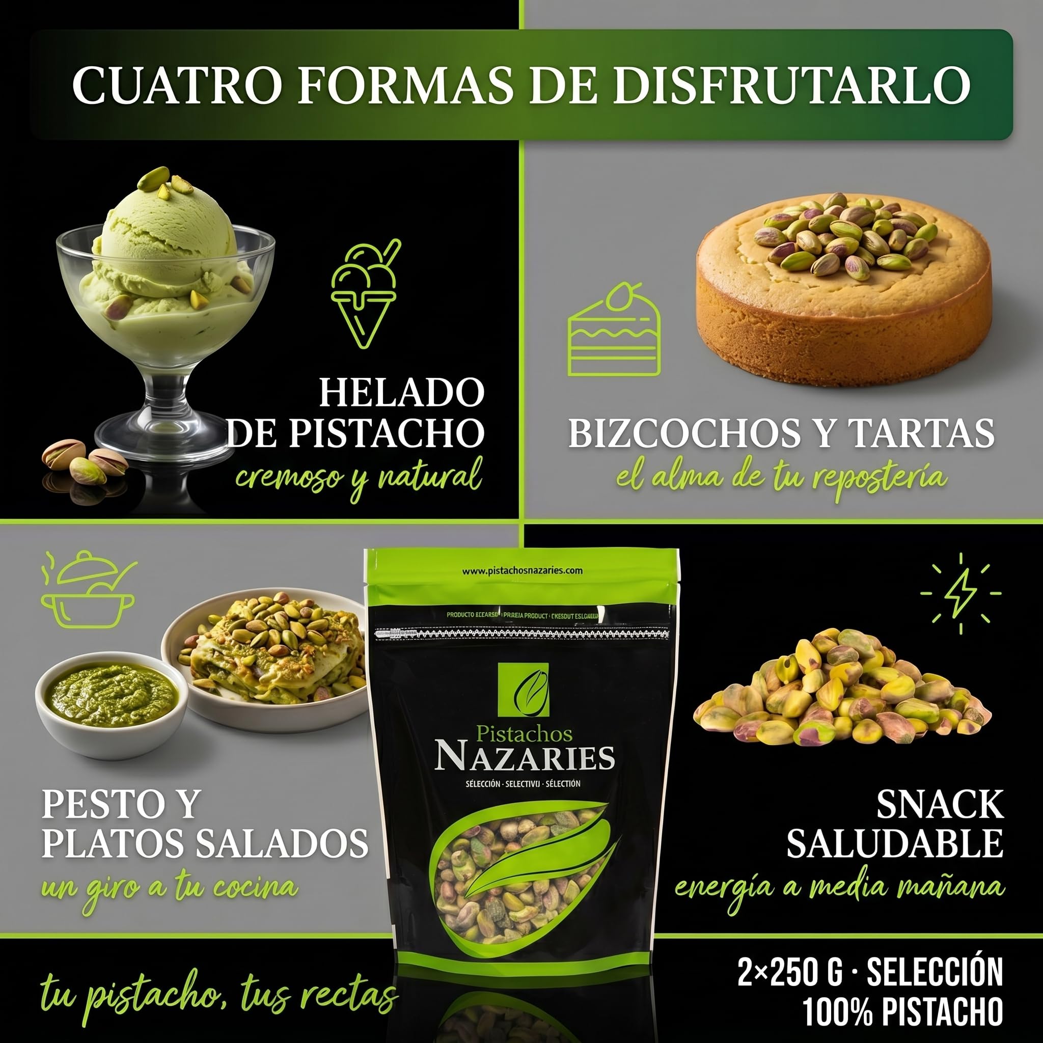 PISTACHOS NAZARIES Pelados Sin Cascara Sin Sal en Grano Natural 500 g 2x250 g Pistachos Españoles Frutos Secos Andaluces Cultivo Propio en Malaga Snack Saludable Aperitivo Reposteria Helado Bizcocho