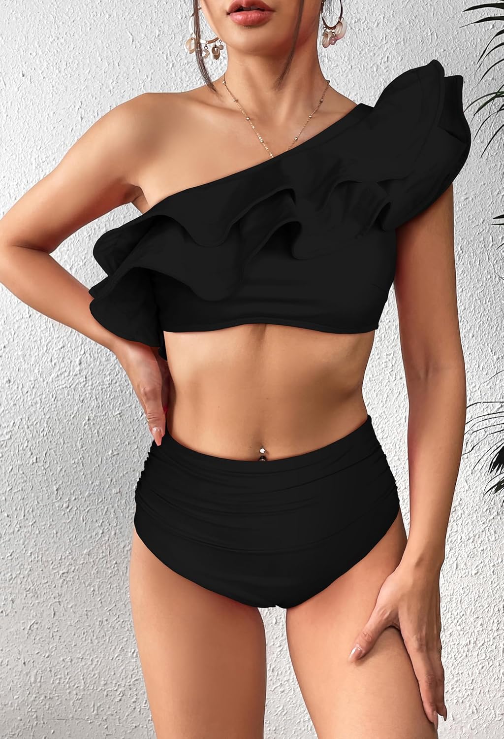 SPORLIKE Women High Waisted Swimsuit Flounce One Shoulder Bikini Padded Bathing Suit - Image 5