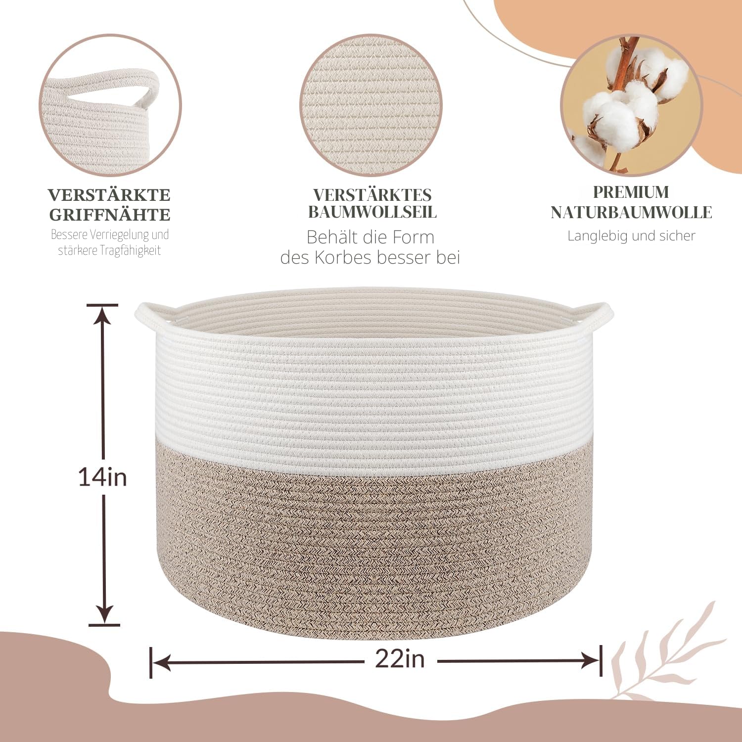Maliton Aufbewahrungskorb für Wohnzimmer, Wäschekorb Geflochten aus Baumwollseil,Spielzeug Korb mit Griffen,Korb für Kuscheltiere,Wäsche,Decken,Kissen,Kleidung,50x33 cm,Weiß Braun
