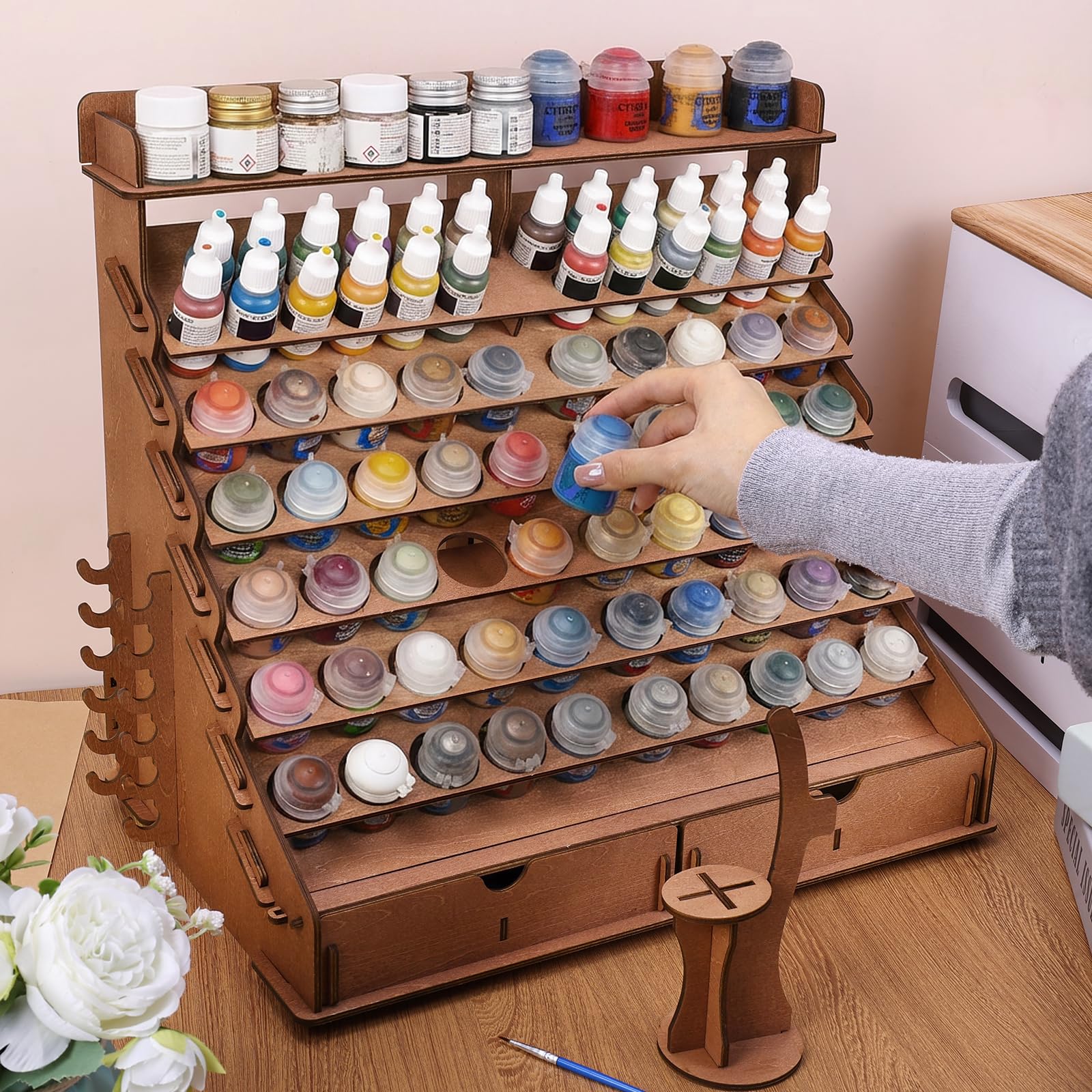 HOMIEE Farbständer Farben-Organizer aus Holz mit 74 Flaschen mit 16 Pinselhalterungen 2 Mini-Ständer und 2 Schubladen - Geeignet für Vallejo-, Citadel- und Tamiya-Farbflaschen