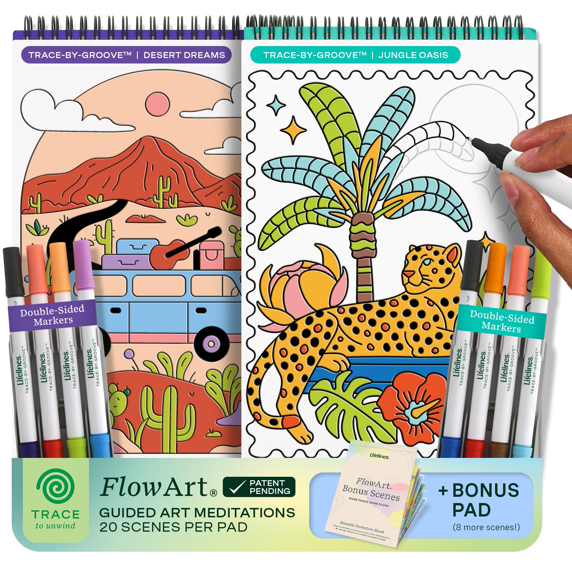 Lifelines FlowArt Activity Pads, 2-Pack & Bonus Pad - Guided Tracing Art Meditations with Markers - 8 Double-Sided Markers & 48 Scenes - Trace-by-Groove Coloring Books for Tweens, Adults & Seniors