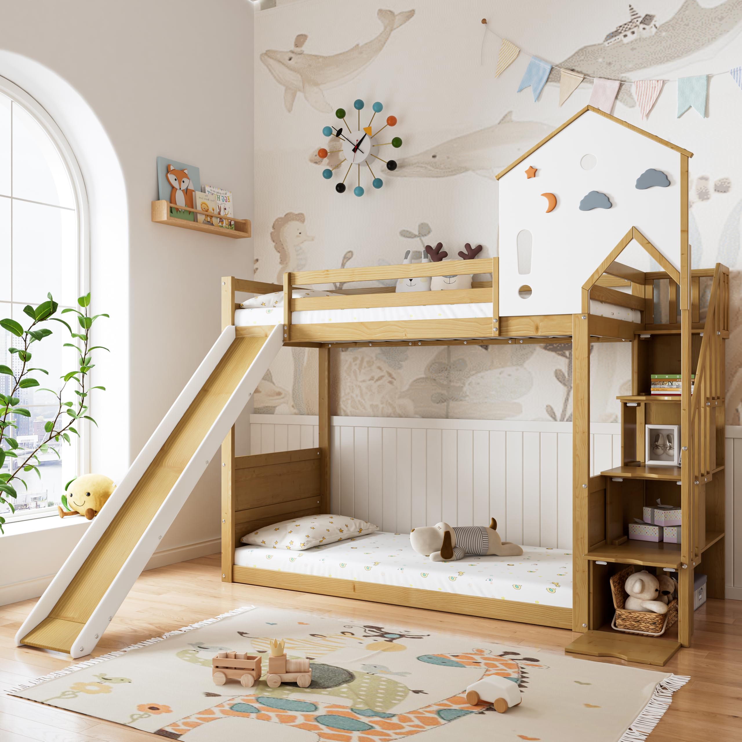 Letto a castello, letto per bambini, letto con scala angolare, culla con tetto e finestra, culla con 3 armadietti nelle scale, letto a castello con scivolo, pino MDF, bianco naturale, 90 x 200 cm