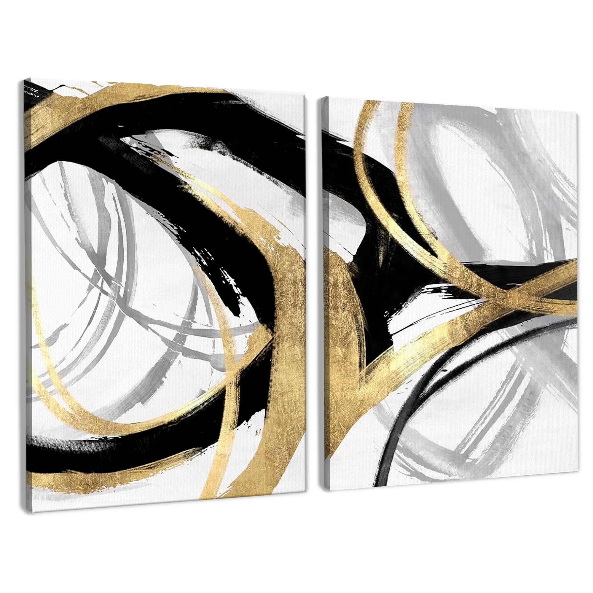 BearCake Abstract Black and Gold Wall Art Set of 2 - Modern Black Gold and White Wall Decor Poster for Bedroom Living Room, Oil Painting Abstract Pictures for Home Office Decor, 24x36 Inches Framed