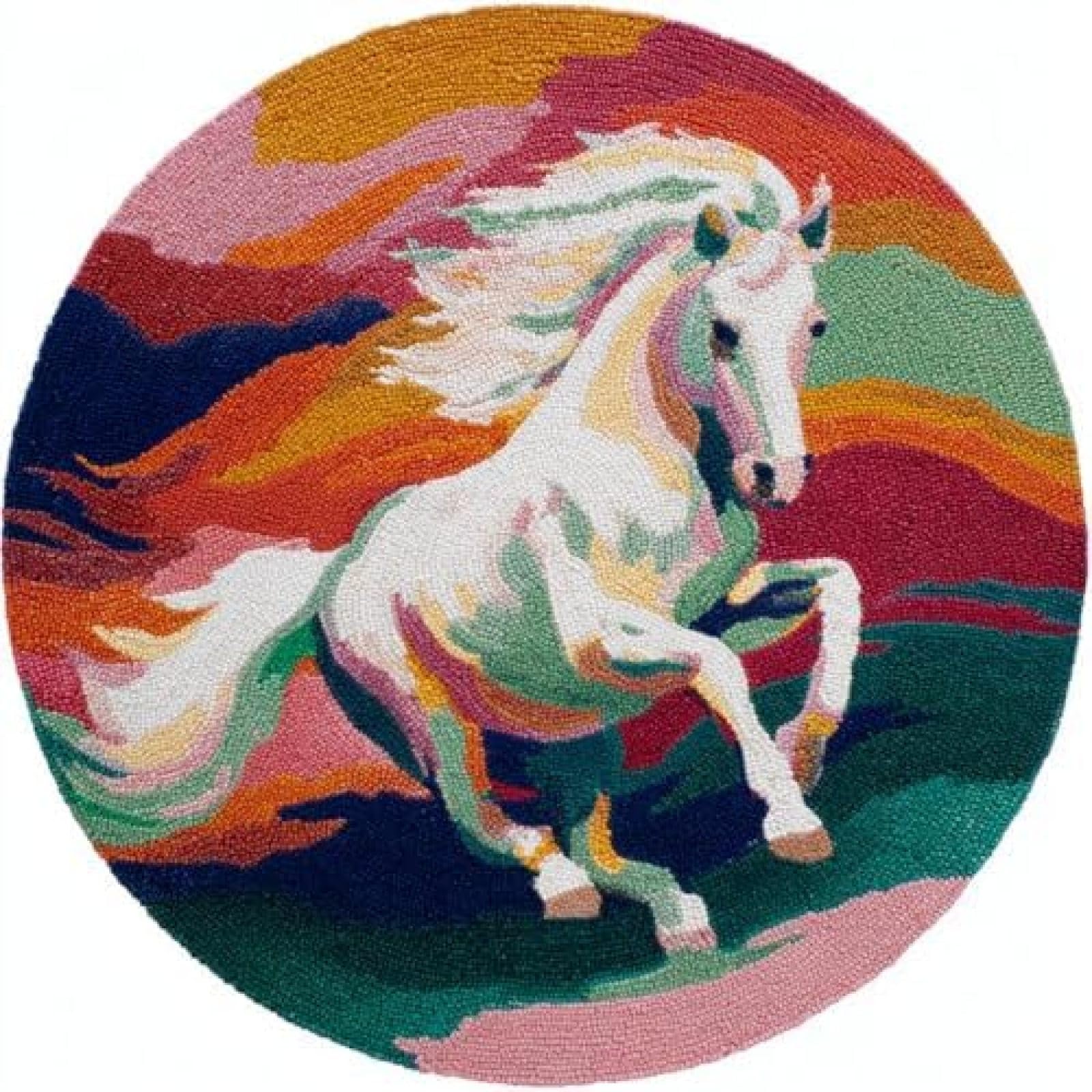 XDEGHUANGSS Latch Hook Rug Kit White Horse Mid-Air Leap Round Rug 52x52cm