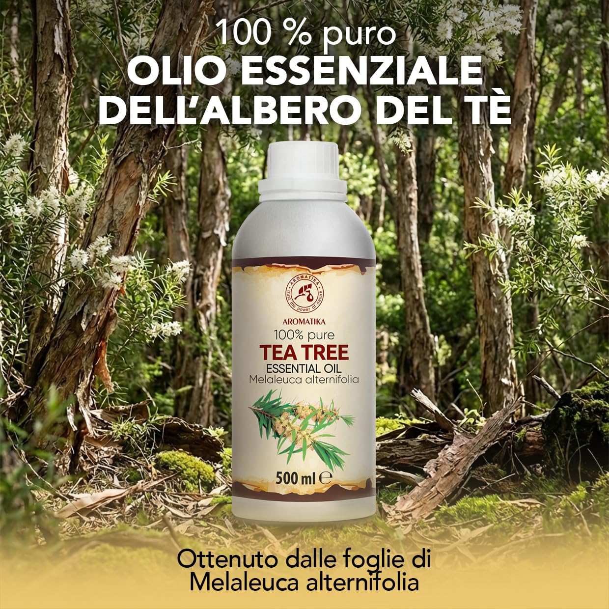 Olio Essenziale Dell'albero Del Tè 500 ml - Melaleuca Alternifolia - Naturale e Puro - Olio essenziali per Diffusori - Profumi per la Casa - Saponi e Candele - Sauna - Aroma Fresco - Aromaterapia