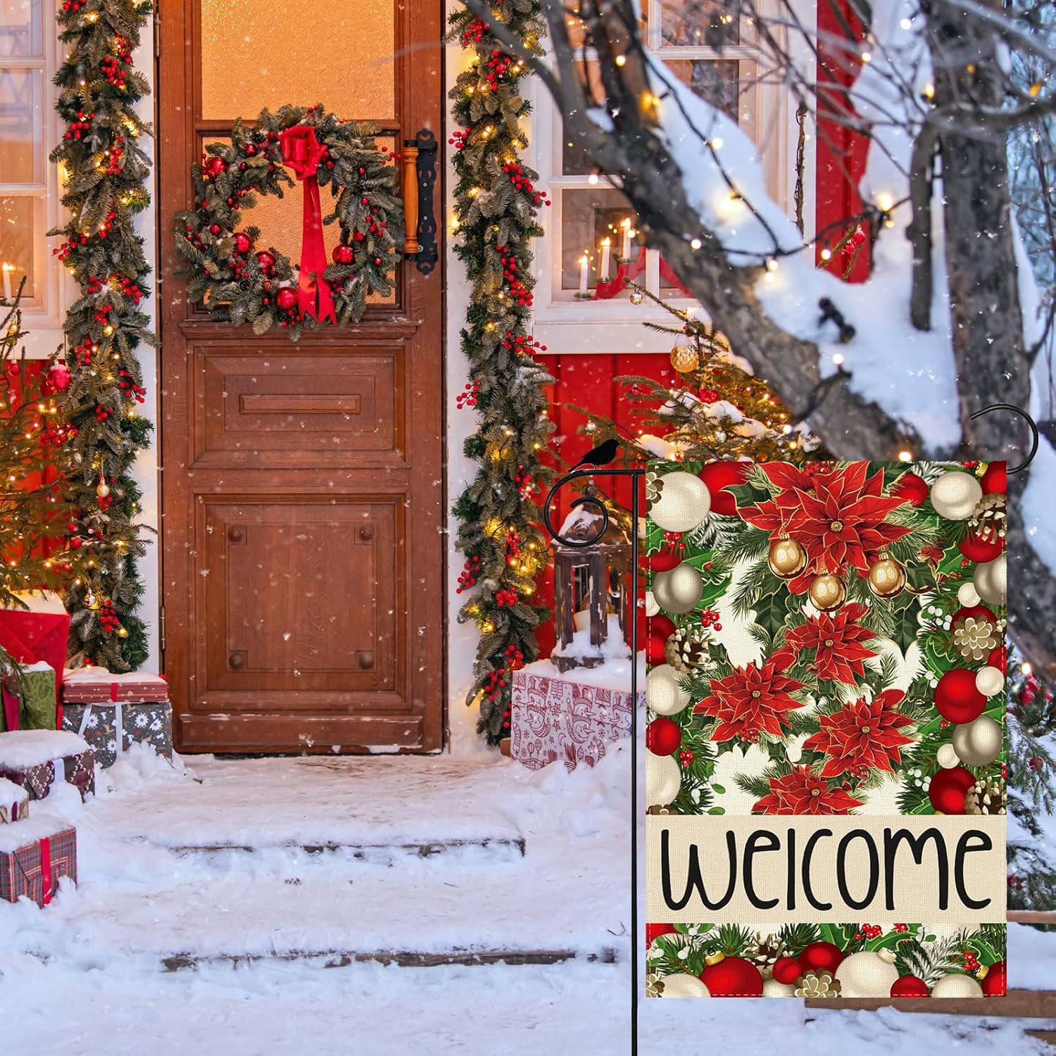 Welcome Garden Flag Christmas Bells Poinsettia Pine Trees Xmas Winter Yard Flag 12x18 Inch Double Sided Small Mini Yard Outdoor Outside Holiday Party Decoration - Image 2