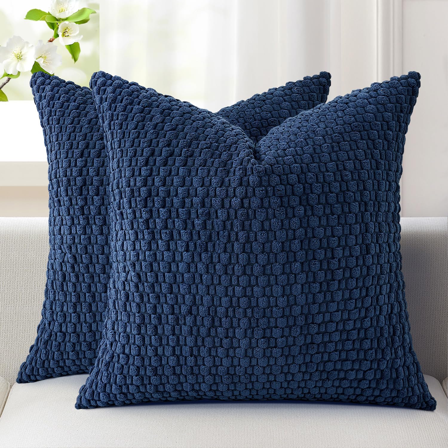 Kevin Textile Soft Corduroy Cushion Covers 45 x 45 cm Set of 2, Soft Granule Decorative Square Cushions Covers 18x18 Inch with Invisible Zipper for Chair Couch Sofa Bedroom, Navy Blue — image 1