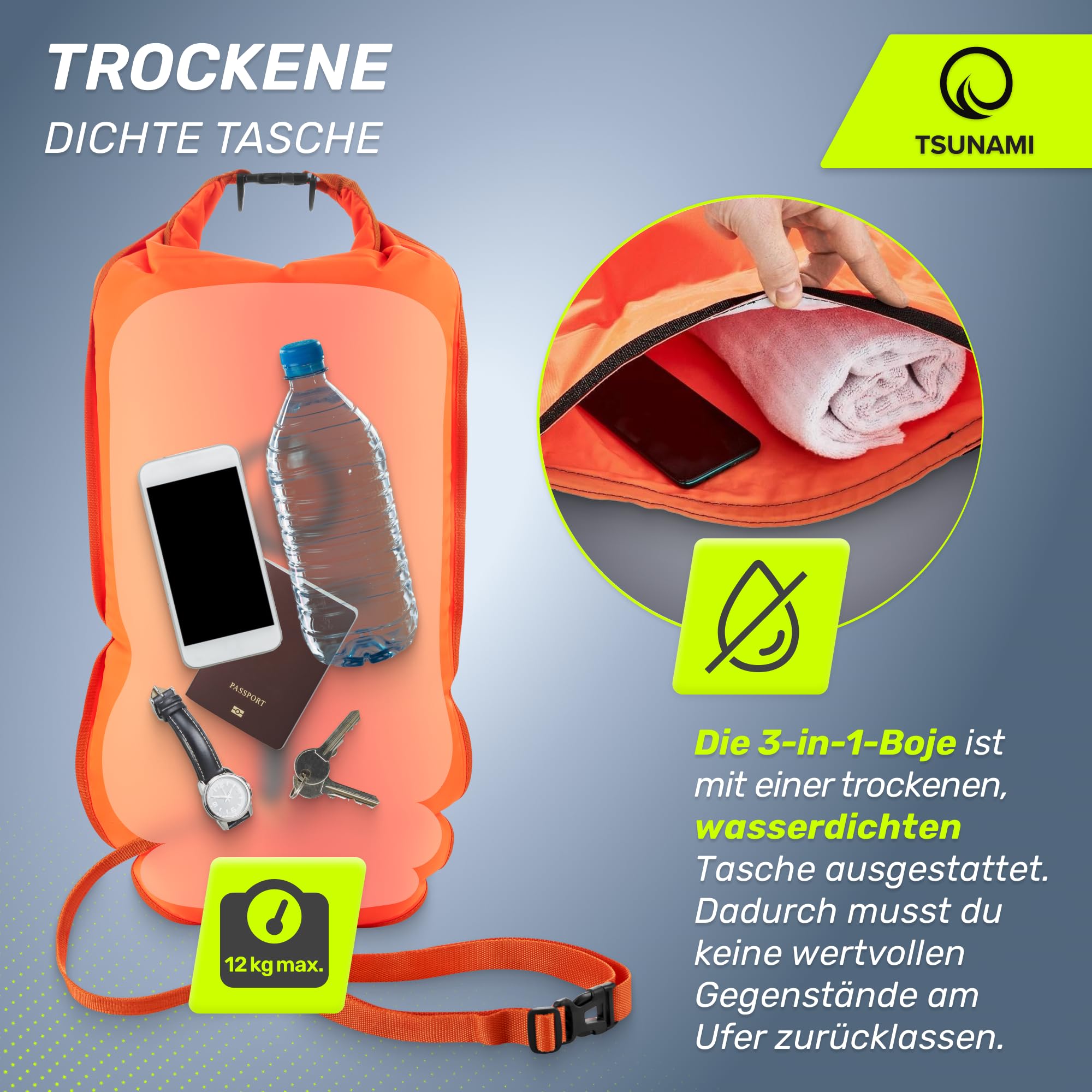 TSUNAMI Schwimmboje PRO mit 2-in-1-Trockentasche, Aufblasbare Schwimmhilfe für Schwimmen, Schnorcheln, SUP, Freiwasserschwimmen und Wildschwimmen, Sicherheitsboje, sichtbare Boje