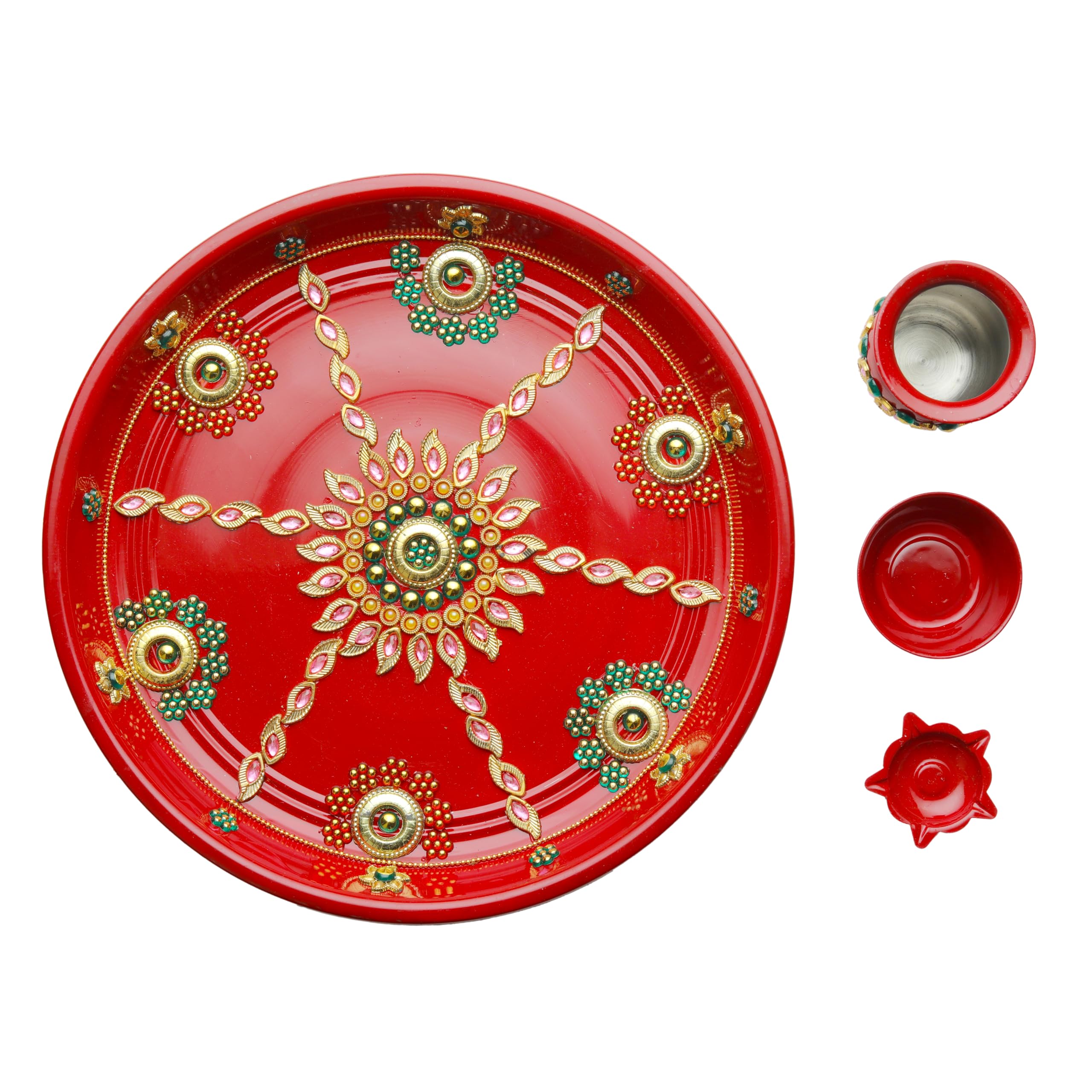 Karwa Chauth Red Pooja Thali talerz ręcznie wykonany talerz dekoracyjny stalowy Thali z dużą ilością niezbędnych artykułów dołączonych do rytuałów Aarti Pooja dekoracje Diwali (rozmiar Thali - 25