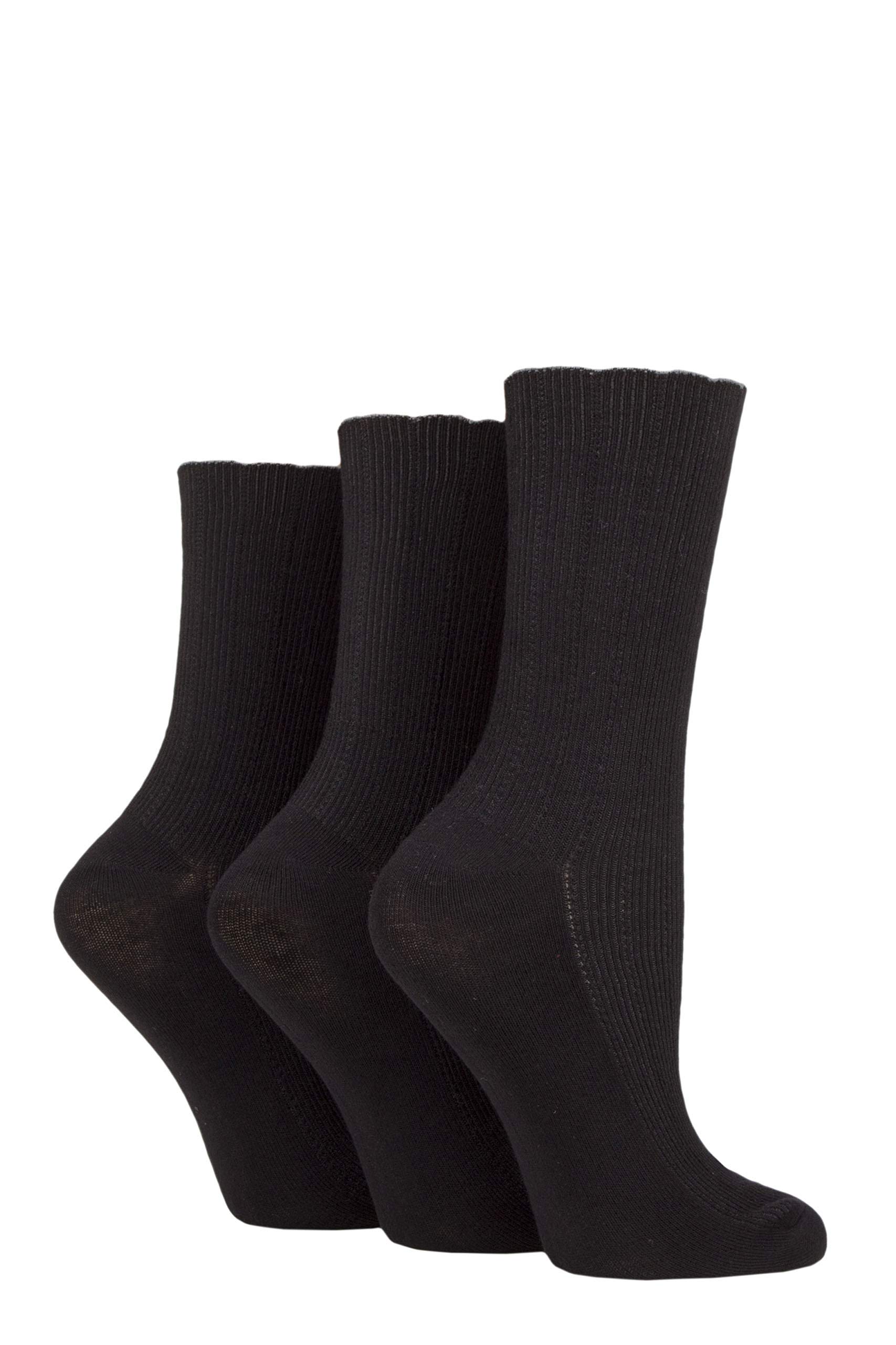 Elle Women's Black Ribbed Bamboo Socks With Scallop Top Pack Of 3 4-8