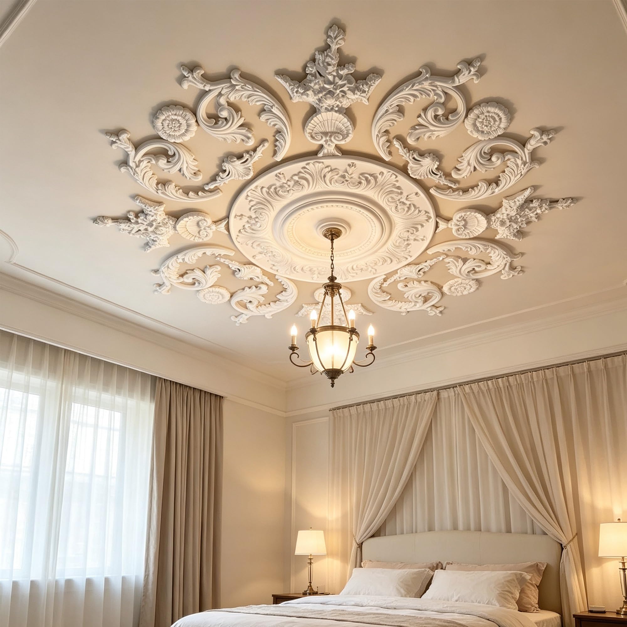116cm Rosone Lampadario Soffitto Bianco Polistirolo Decorativo | Medaglione del Ventilatore Rotonda Moderno per Pareti Portalampada
