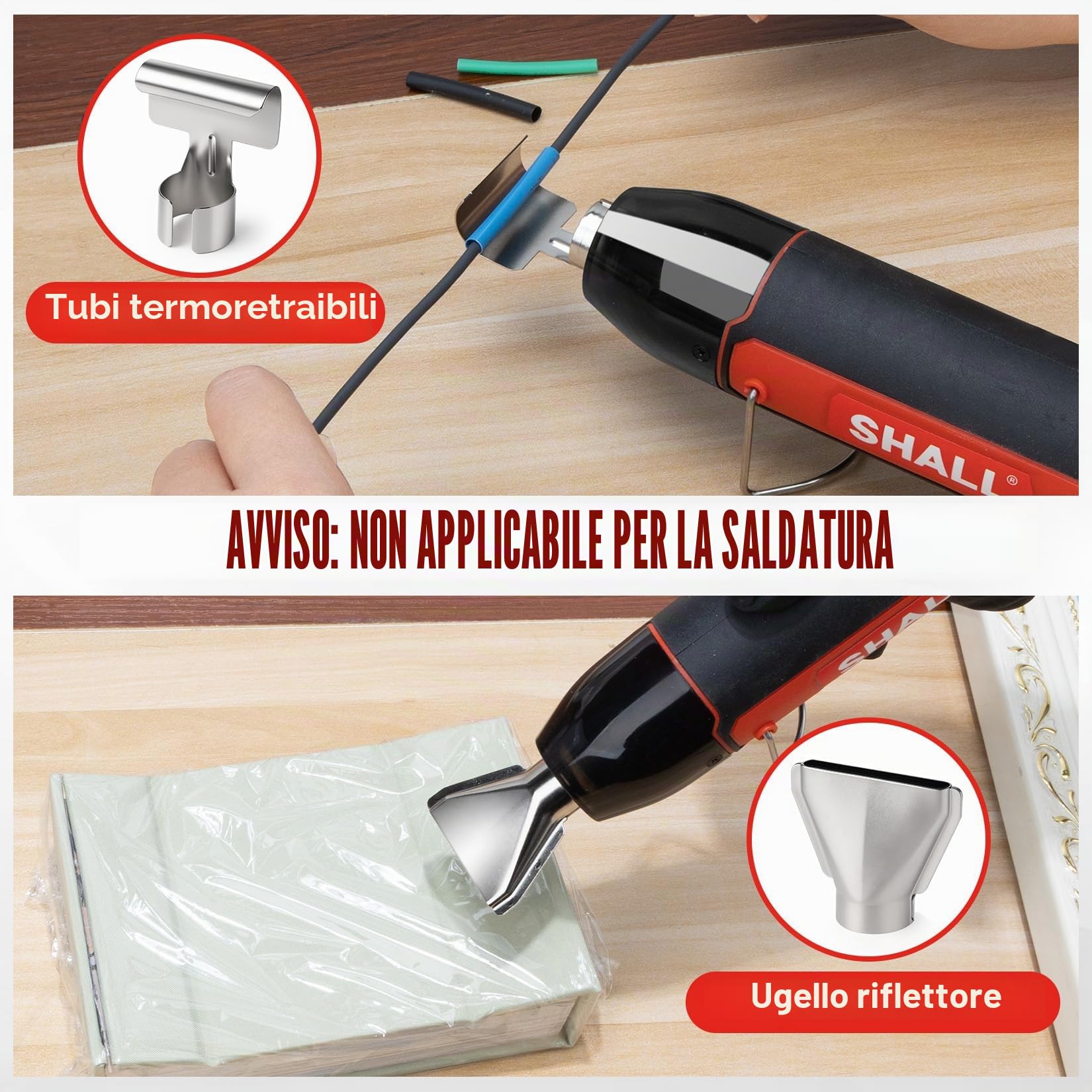 SHALL Mini set di pistole termiche, pistola termica portatile, supporto pieghevole, 2 impostazioni di temperatura 230°C/400°C, adatto per lavori artigianali, pellicola termoretraibile