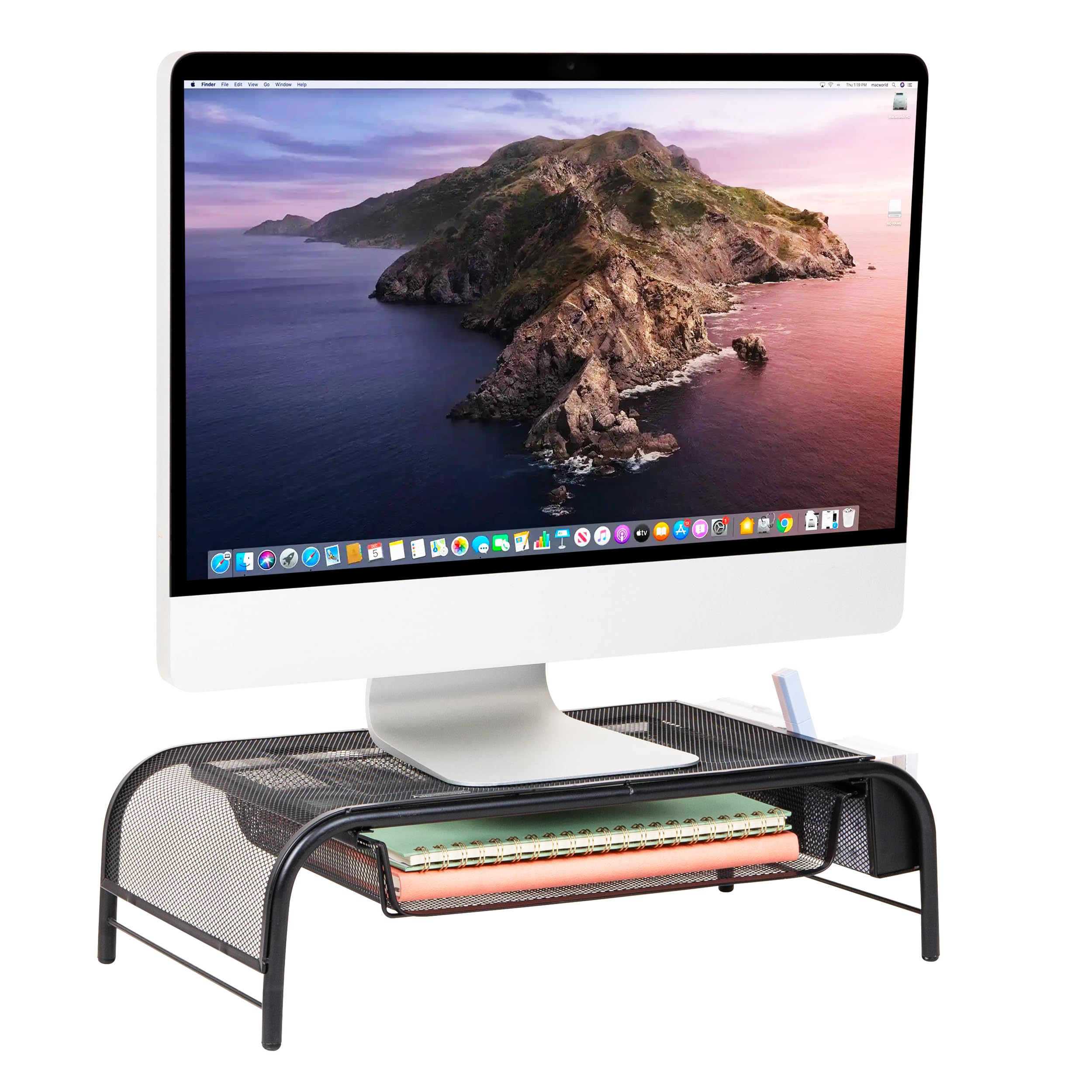 Support de moniteur noir rehausseur ecran ordinateur avec tiroir maille
