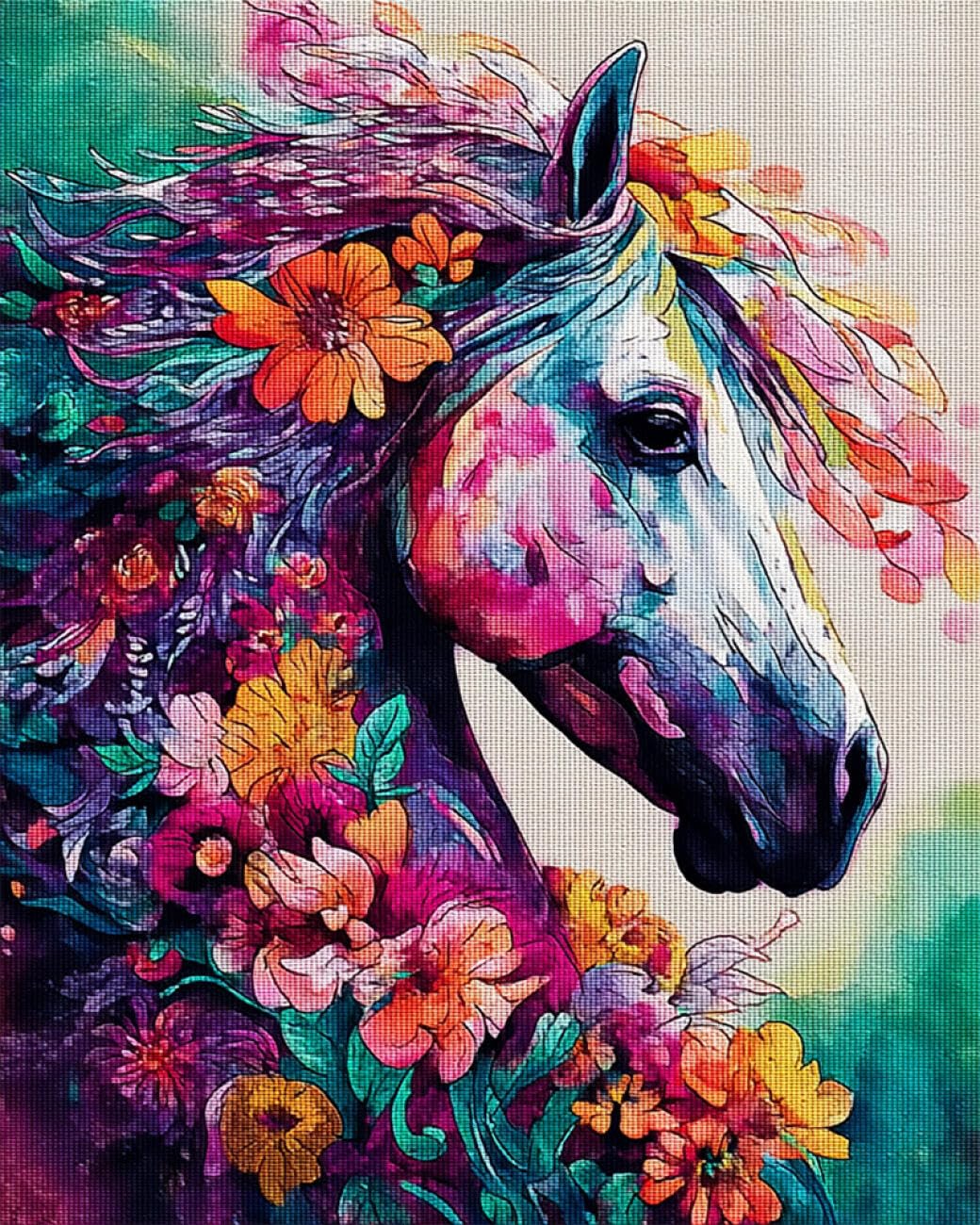 RKFLGEW DIY Embroidery Beads Set Horses and Flowers 30x40cm