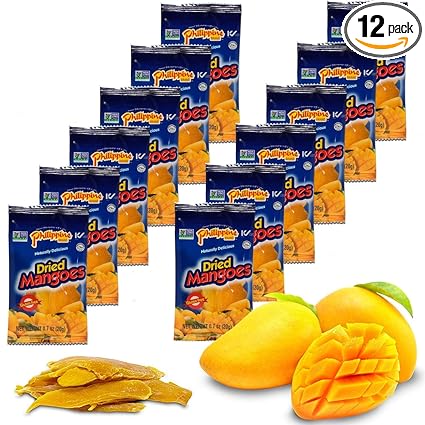 Philippine Brand Dried Mangoes Fruit Snacks- All Naturally Gluten Free, Vegan, Hand-Selected Delicious Fresh Mangos from Philippines, Grab and Go Perfect for Office & School Food (.7oz (12 pack))