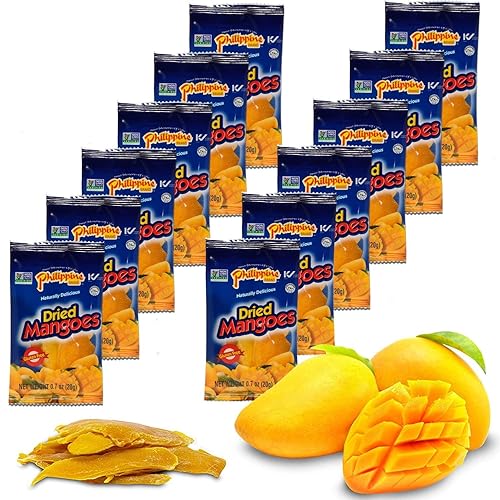 Philippine Brand Dried Mangoes Fruit Snacks- All Naturally Gluten Free, Vegan, Hand-Selected Delicious Fresh Mangos from Philippines, Grab and Go Perfect for Office & School Food (.7oz (12 pack)) - 0.7 Ounce (Pack of 12)
