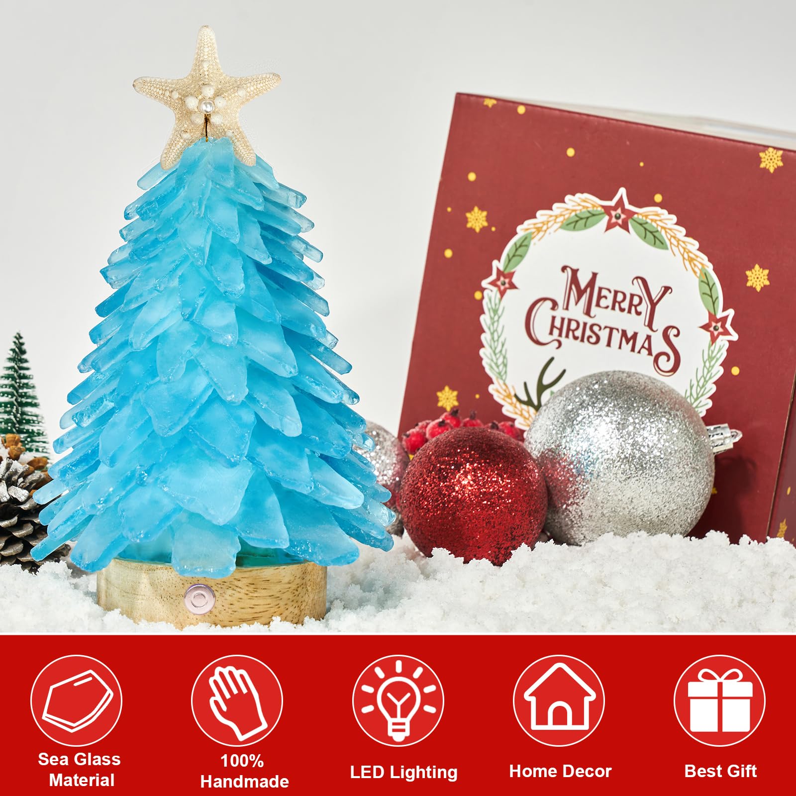 Sapin de Noël en verre bleu – Mini sapin de Noël fabriqué à la main avec lumières LED 3 couleurs, centre de table – Idéal pour Noël, Nouvel An, décoration d'intérieur, décoration de vacances côtières