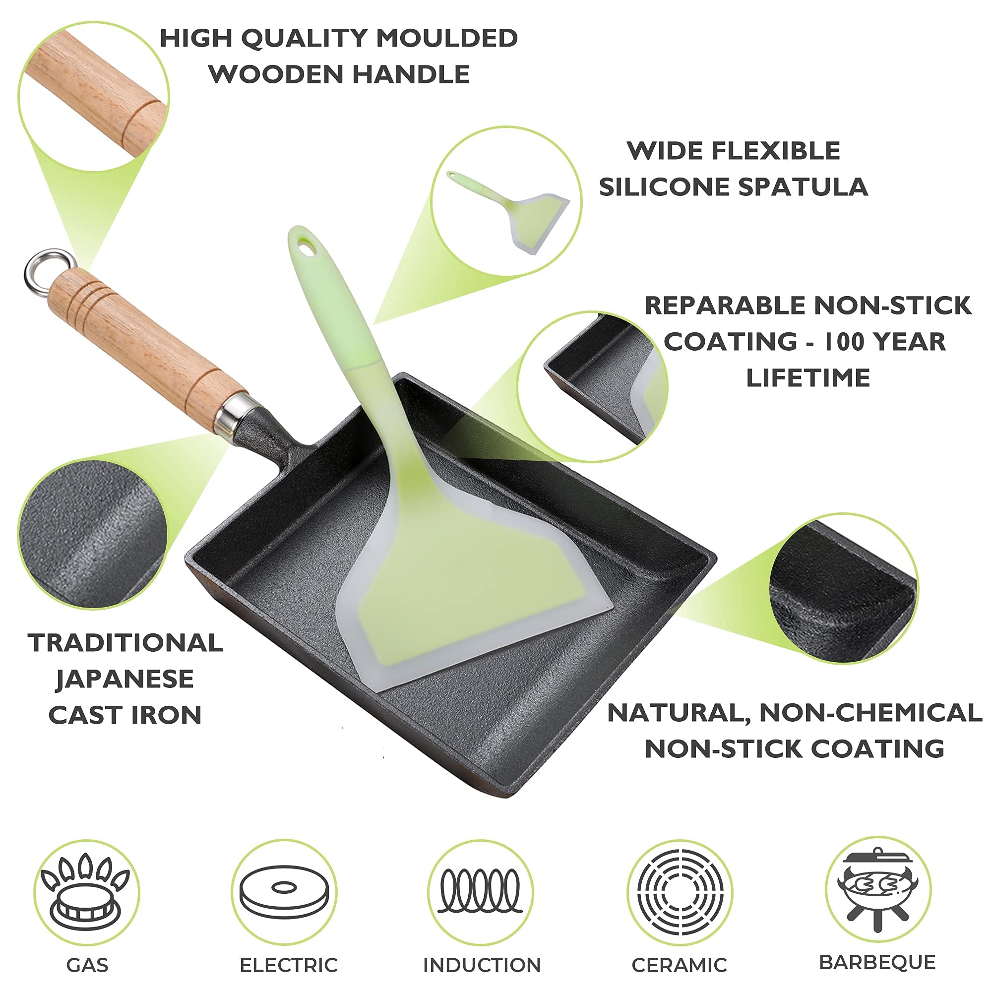 Buy Japanese Tamagoyaki Omelette Pan with Wide Silicone Spatula Cast