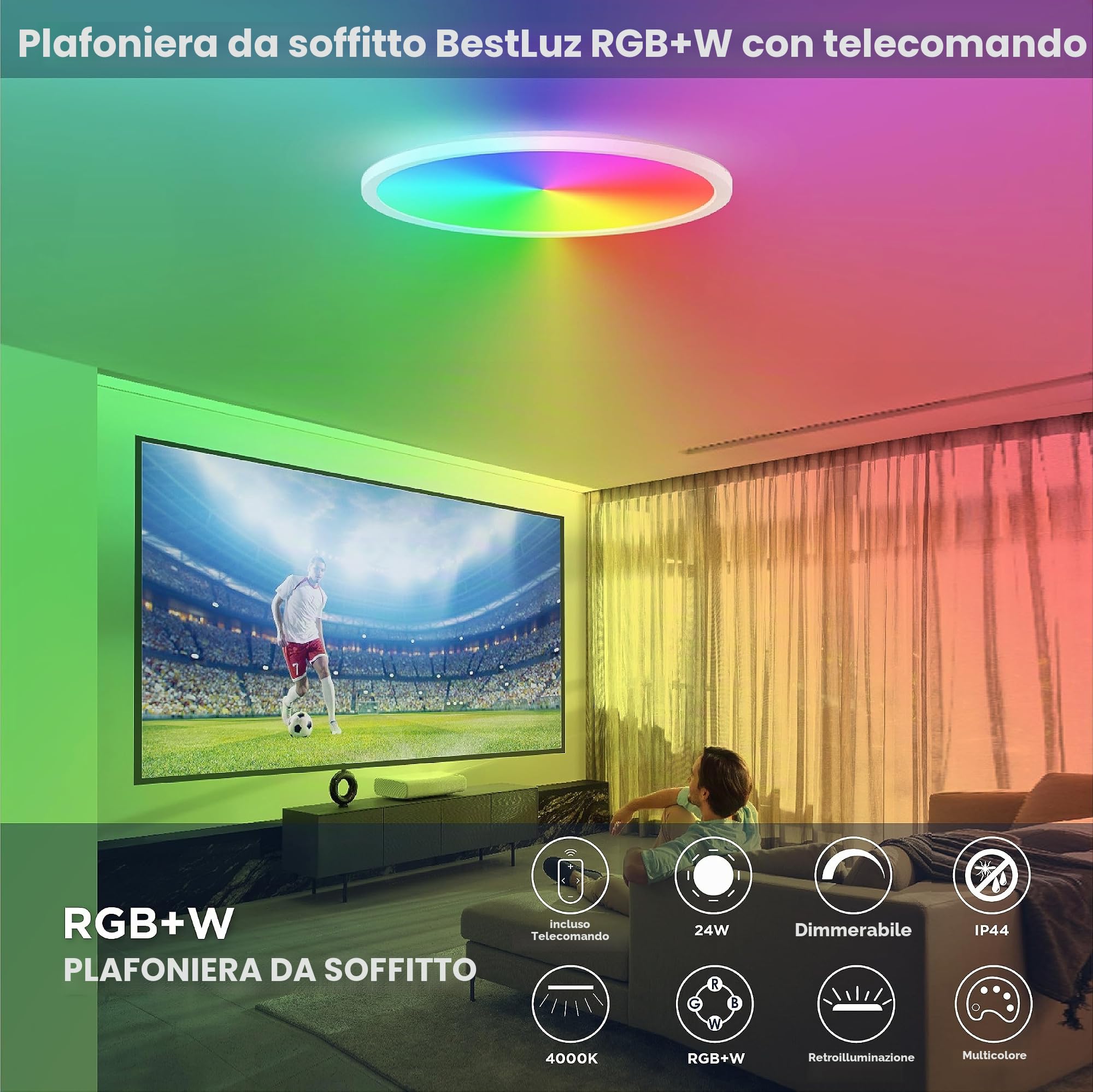 BestLuz Plafoniera a LED Pannello LED Lampada da Soffitto Ø 42cm 24W RGB + Bianco Neutro 4000K con Retroilluminazione Effetto Telecomando per Bagno Camera da Letto Soggiorno Cucina, Ultra Sottile