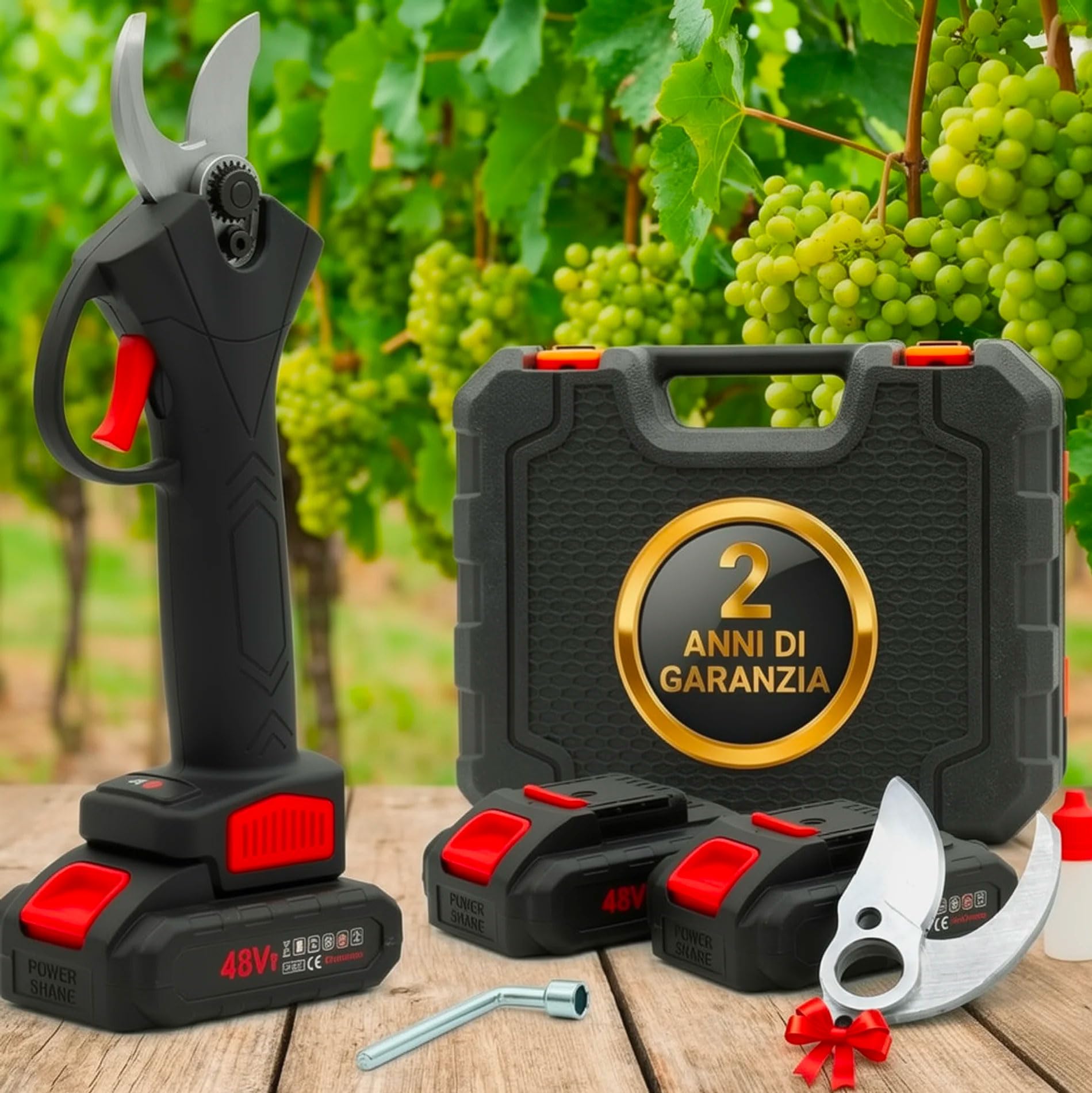 081 Store - Forbice Potatura con 2 Batterie da 48V 2 Lama di ricambio e Comoda Valigetta, Cesoia a Batteria Professionale Cesoie Elettriche portatile, Lavora ininterrottamente 6/7 ore