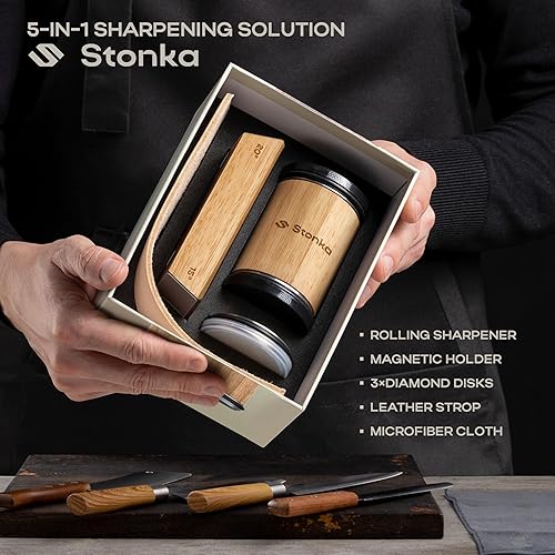 Miniatura 2 de Stonka Kit de afilador de cuchillos rodantes de roble - Kit de ruedas de diamante de doble grano (4001000), rodillo afilador de cuchillos fácil de