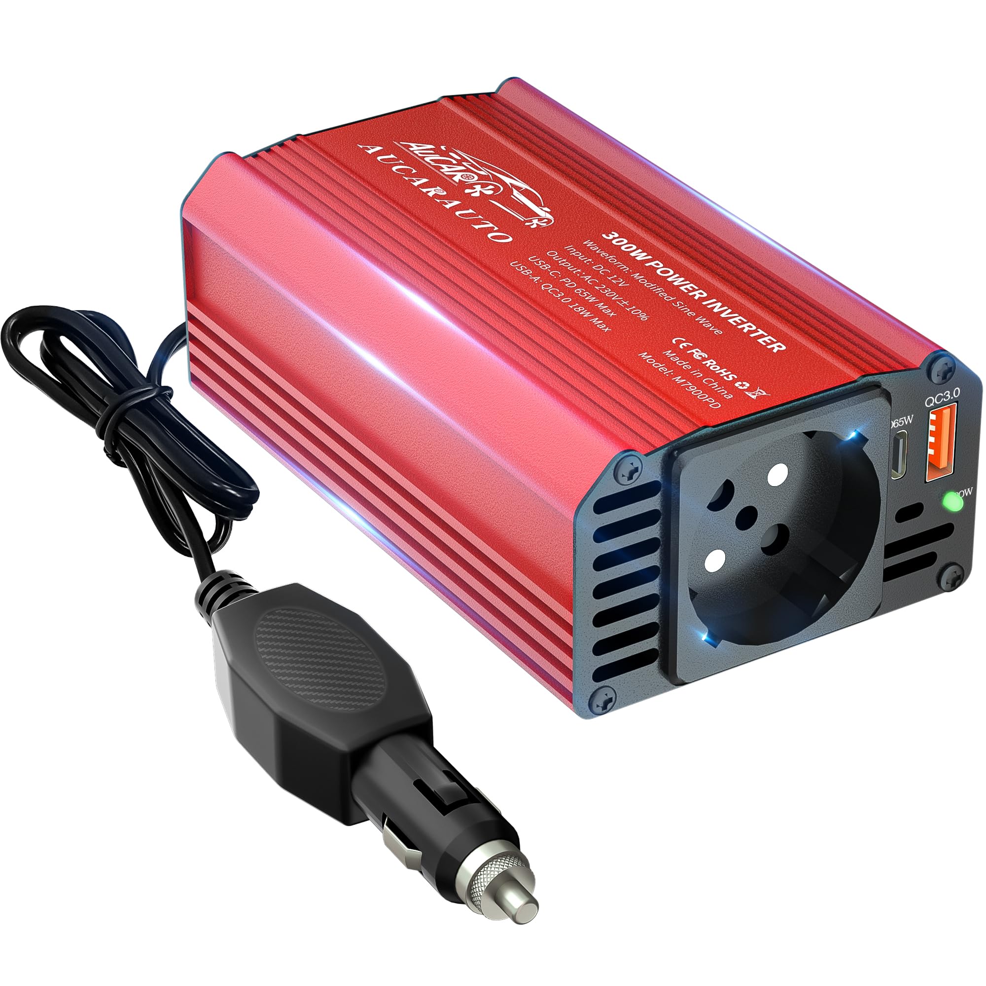 Upgrade 300W Spannungswandler, Wechselrichter 12V auf 230V Stromumwandler mit PD 65W & QC3.0 18W USB kfz ladegerät und Auto Steckdose, Laden Sie Ihr Laptop, iPad, iPhone Und Mehr - Rot