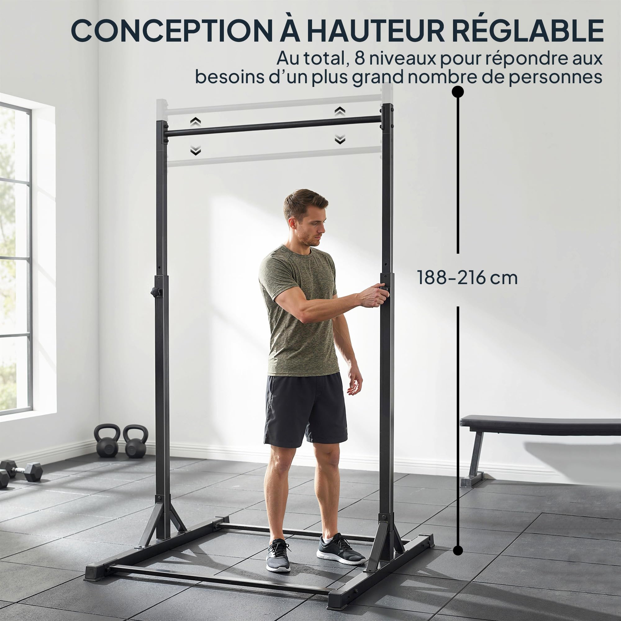 SPORTNOW Barra per sollevamento pesi da 200 kg, 8 livelli di altezza, robusto telaio in acciaio da 128 cm, attrezzatura fitness per la casa e la trazione, nero