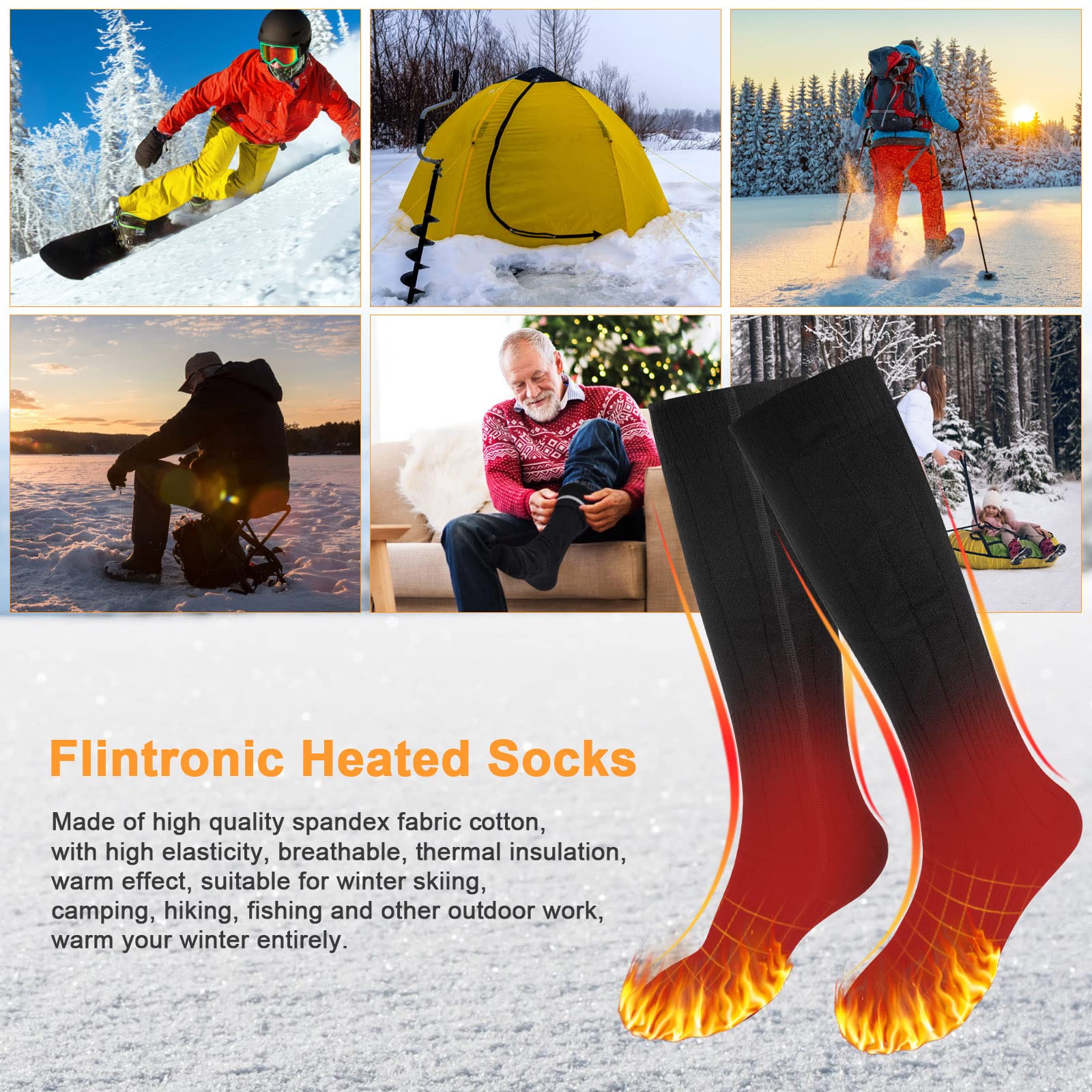 Flintronic Calcetines Calefactables para Hombre y Mujer de 2200 mAh, Calcetines Calefactores para Pies de Invierno con 3 Ajustes de Calefacción, Baterías Recargable Calcetines, para Esquí/Senderismo