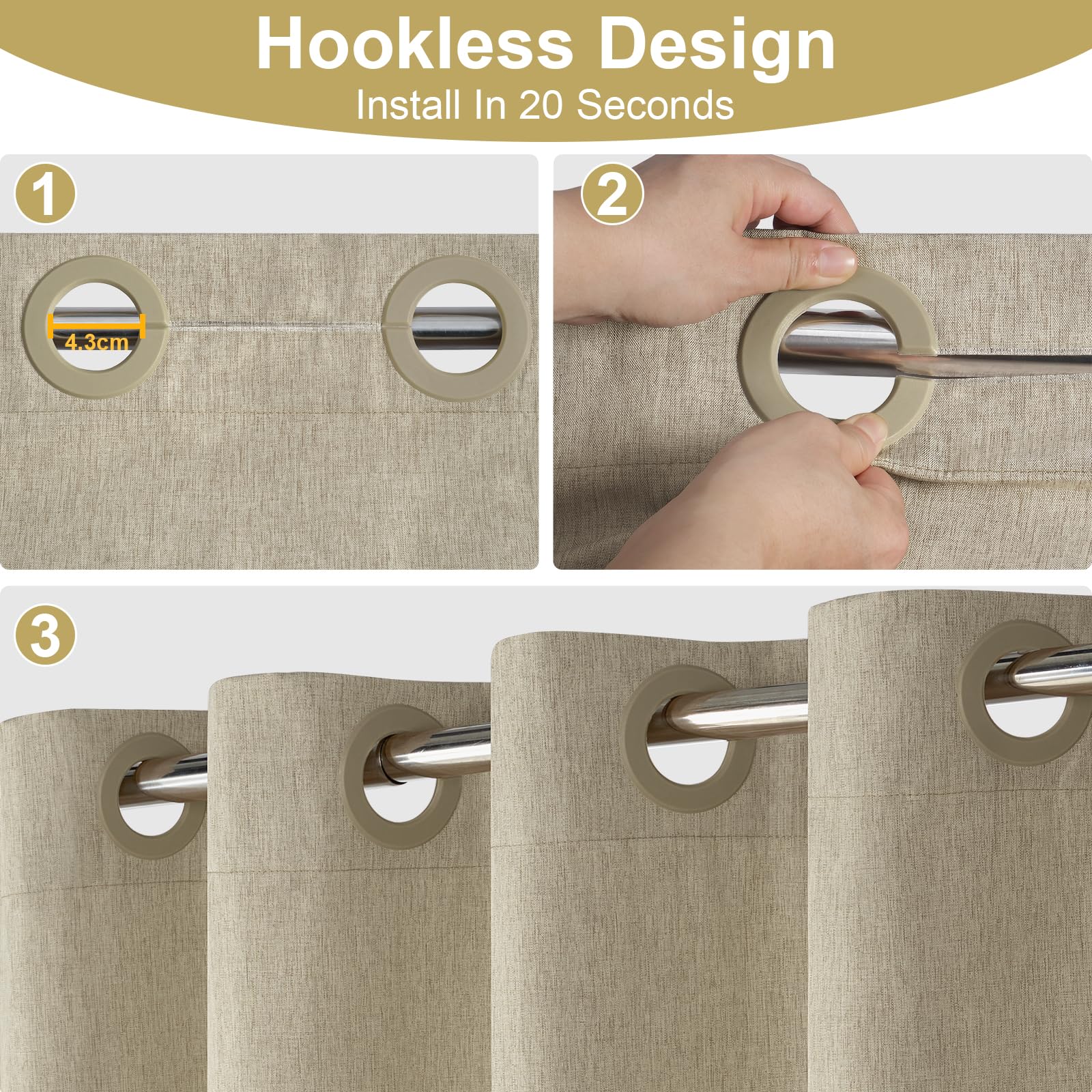 Tenda da Doccia in Texture Lino con Rivestimento Impermeabile, Occhielli Larghi, 230GSM Tenda da Bagno Tessuto Resistente Pesante, Orlo Pesarato, Lavabile, Installazione Facile, 183x191cm, Tortora