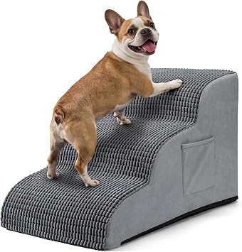 Dog Stairs for Small Dogs 15.7" H 3-Step Foam Ramp for Couch & Bed | Pet Steps for Senior Pets, Puppy, Medium, Short-Legged Dogs, Cats, Non Slip Base, Washable Cover, Joint Support Design, Grey