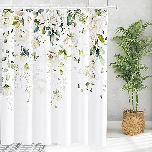 Miniatura 2 de Tititex Blomming - Cortina de ducha floral blanca brillante, hojas verdes acuarela en la parte superior, decoración de baño, juego de cortinas