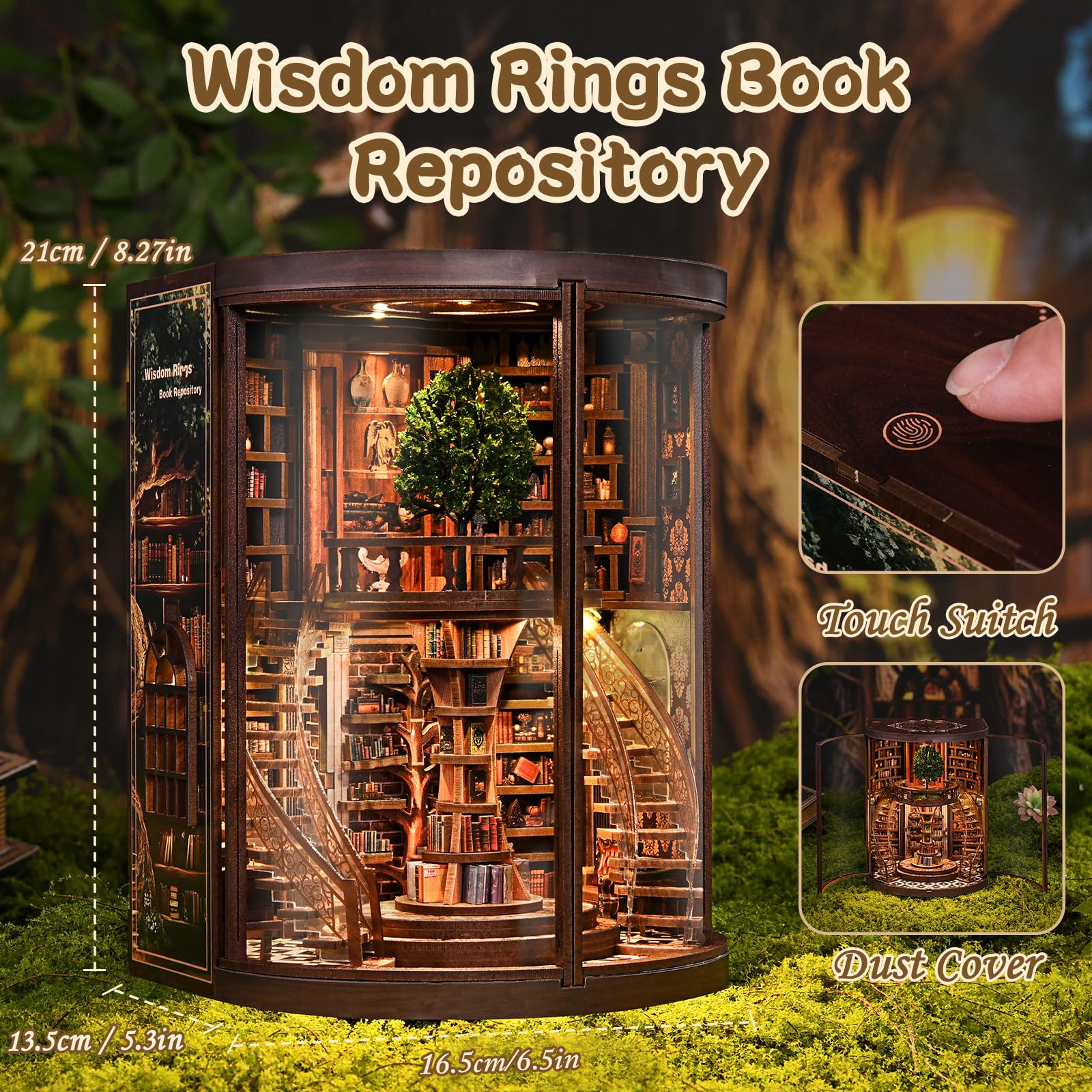 Cuteefun Casa de Muñecas en Miniatura Biblioteca con LED Cálido, Kit Book Nook DIY de Madera para Amantes de Libros, Regalo Cumpleaños Navidad, Decoración del Hogar (Wisdom Rings)