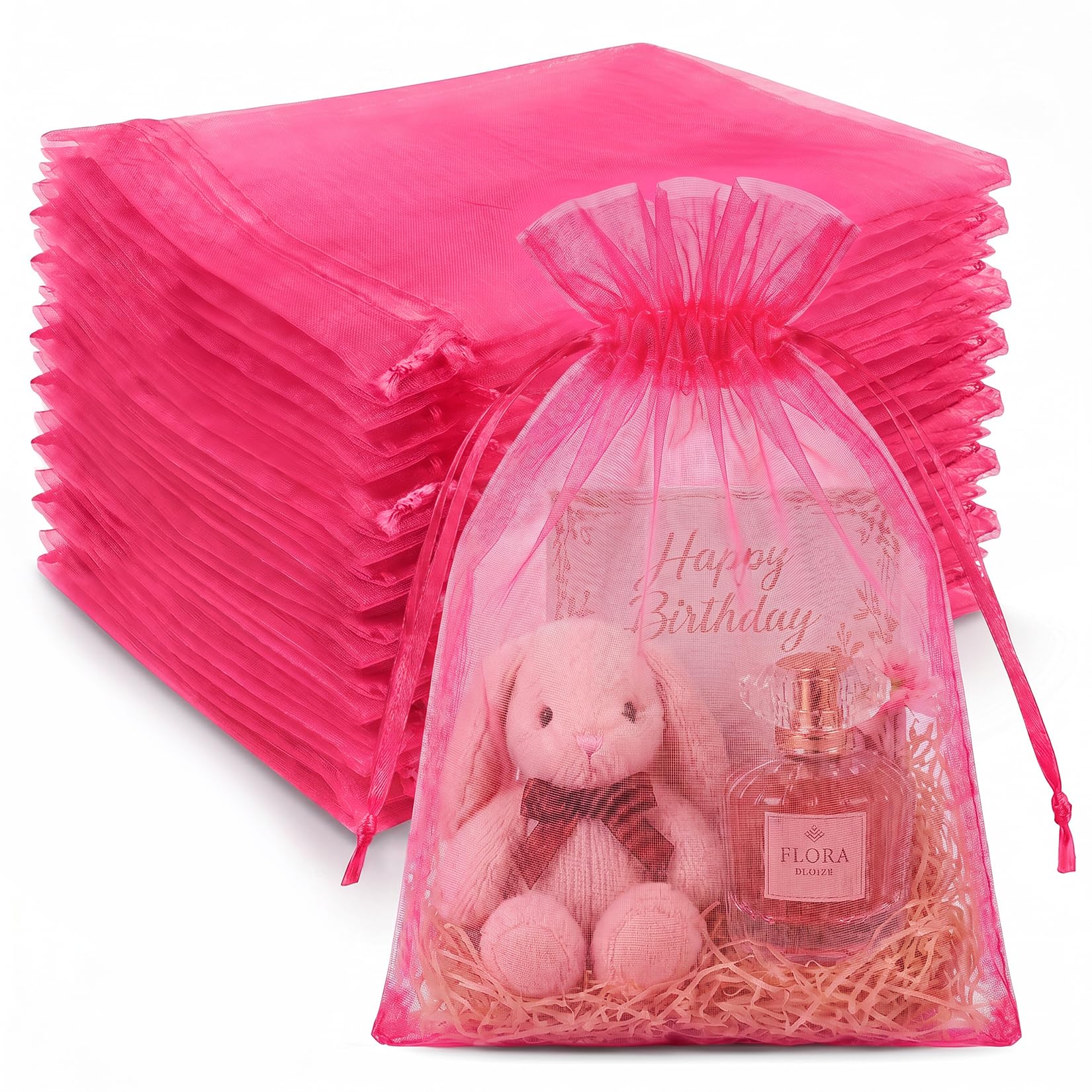 Crweety 50 Pcs Large Organza Bags 8x12, Hot Pink Small Gift Bags Drawstring