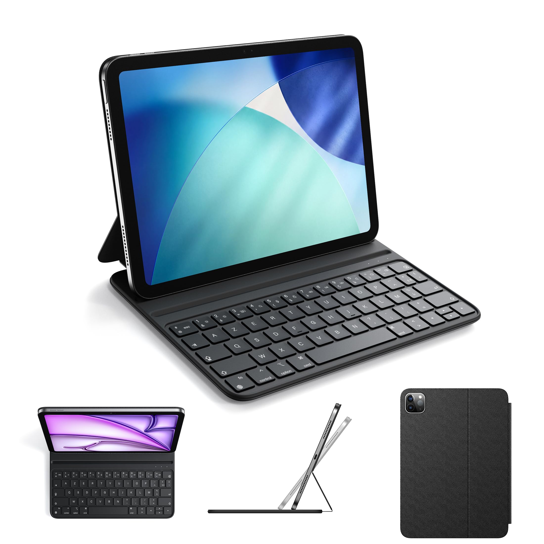 HOU Étui Clavier Compatible avec iPad Pro 11" 1ᵉʳ/2ᵉ/3ᵉ/4ᵉ génération,iPad Air 11 Pouces M4/M3/M2 & Air 5e/4e génération, Deux Angles de Soutien, Ergonomique, AZERTY, en Similicuir, Noir