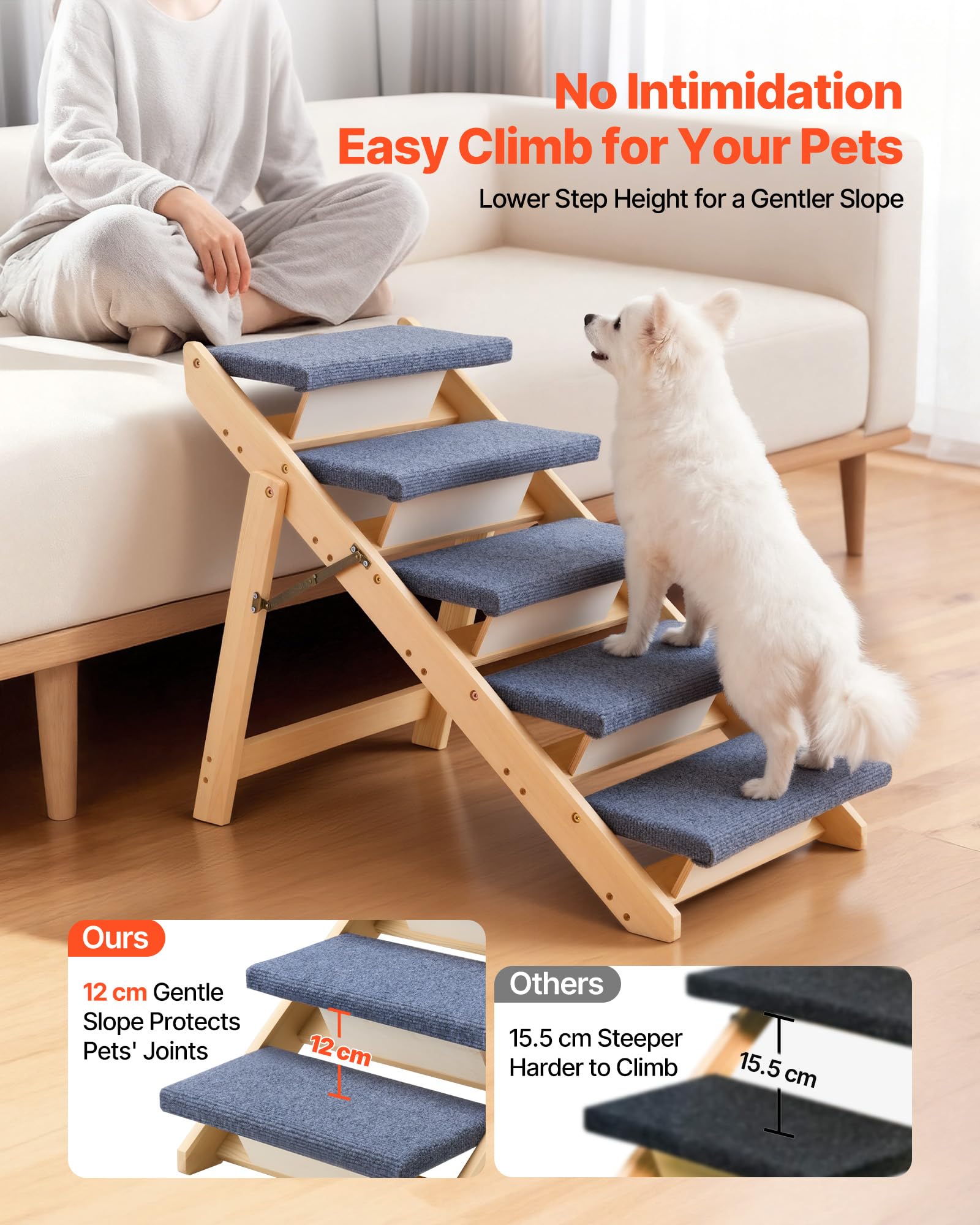 VEVOR Escalera de Madera para Mascotas, 5 Peldaños para Camas, Sofás y Coches, Carga de 68 kg, Diseño Plano y Plegable, Estable y Resistente, para Perros y Gatos Pequeños, Medianos y Grandes