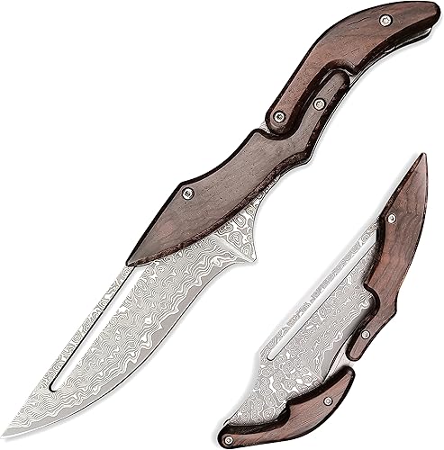 HUAAO Cuchillo plegable de Damasco, mango de sándalo amarillo con bloqueo mecánico, cuchillo de bolsillo táctico para acampar al aire libre,