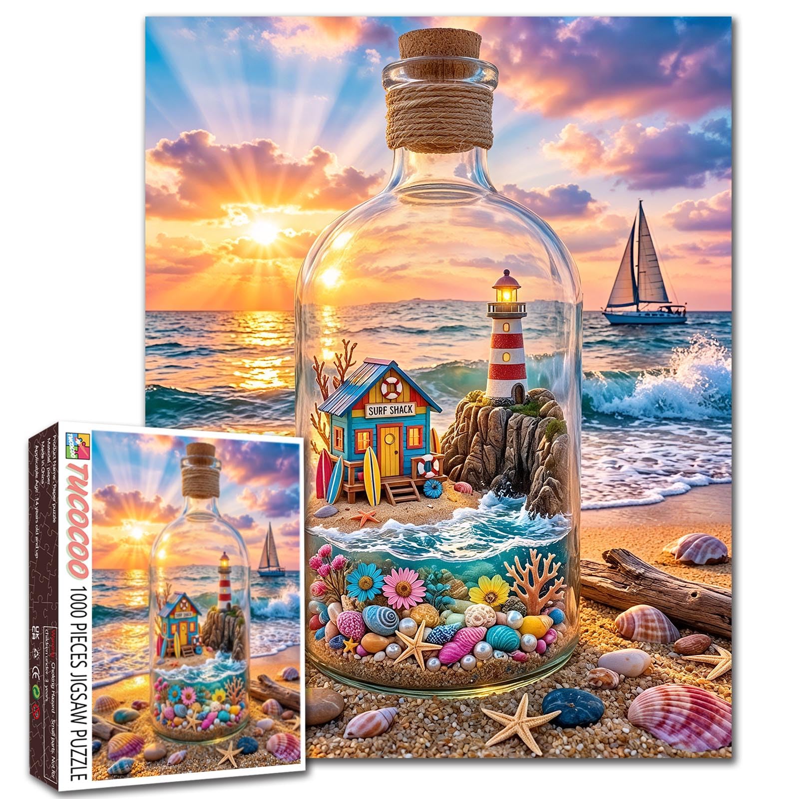 Seaside 1000 Piece Jigsaw Puzzle for Adults Beach Lighthouse in Glass Bottle Scene Puzzle Colorful Ocean Sunset Sailboat Artwork Relaxing Challenging Fun Puzzles 19.7 x 27.6 Inches Gift Home Decor — image 1