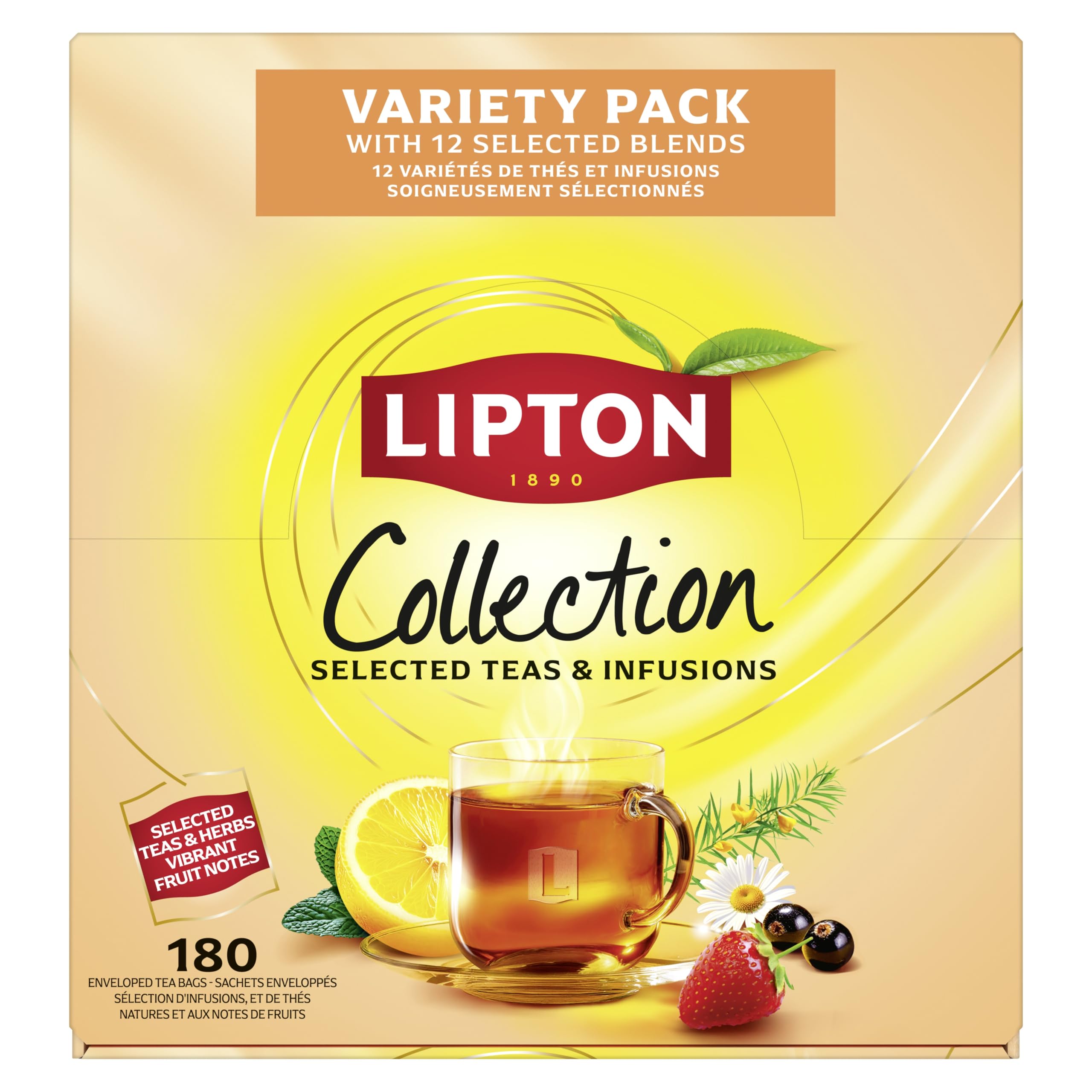 Lipton | Premium Collection | 180 Teebeutel mit 12 Tee Sorten | für Küche, Büro & Gastronomie | Schwarztee, Grüntee & Kräutertee | pflanzenbasierte, einzeln verpackte Sachets