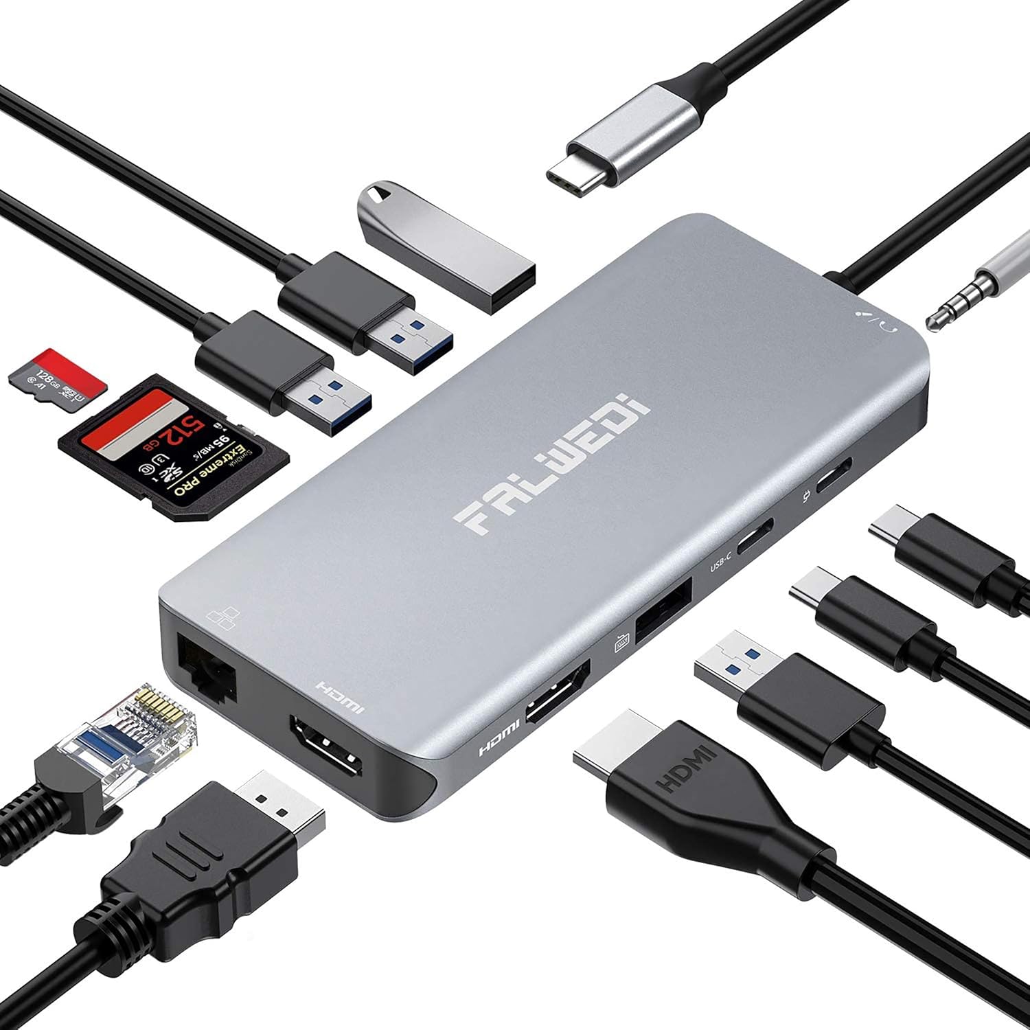 Falwedi Triple Display 12 in 1 USB C Hub with 2 HDMI, PD3.0,