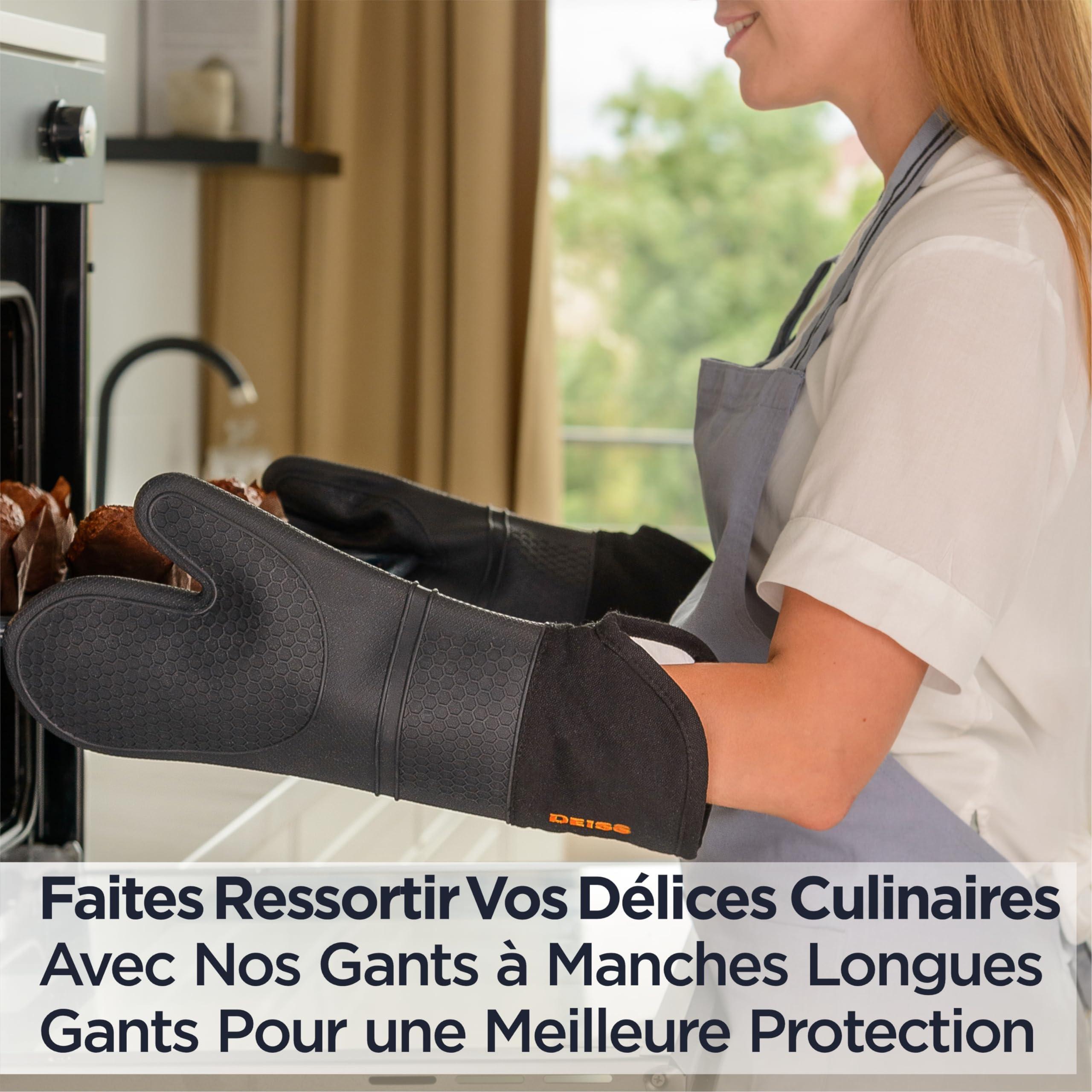 Deiss Pro Ensemble de Gants de Cuisine en Silicone résistant à la Chaleur et aux Taches, Gants de Barbecue en Coton Doux, imperméables, Gants de Cuisine Extra-Longs et Flexibles pour la Cuisson